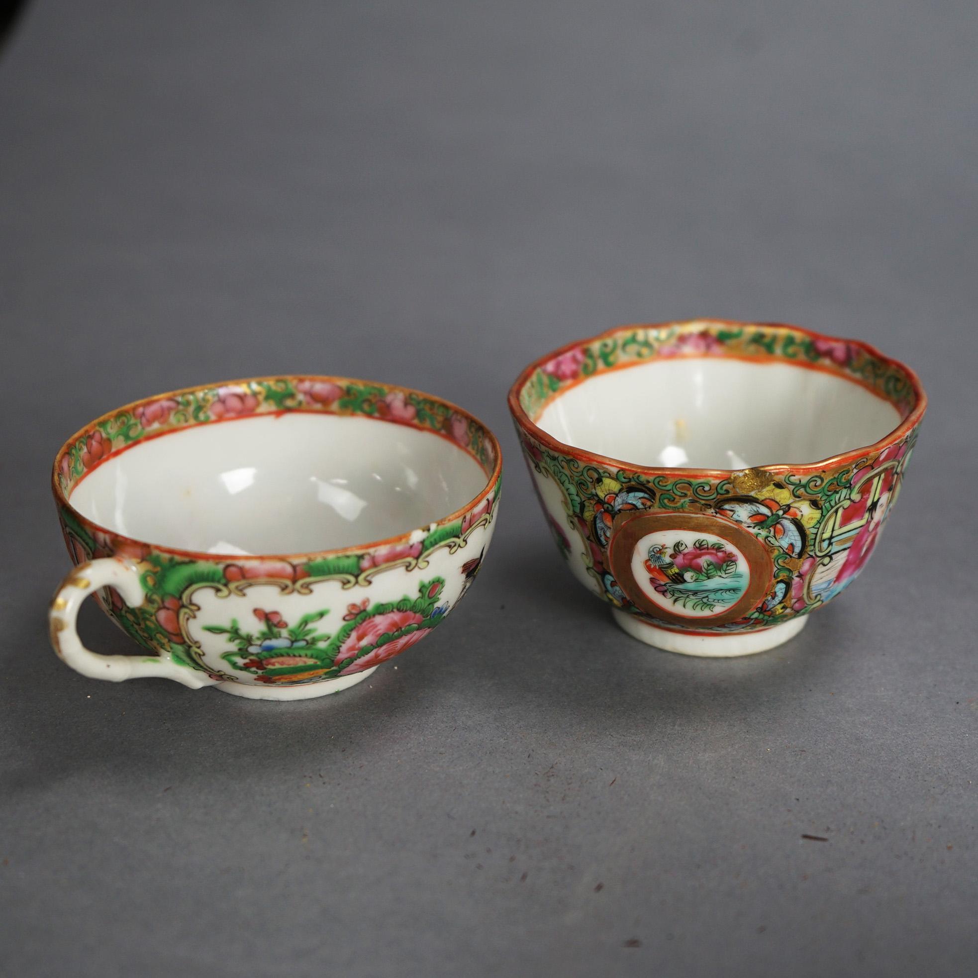 21 Antique Chinese Rose Medallion Porcelain Tea Cups & 20 Saucers C1900 For Sale 3