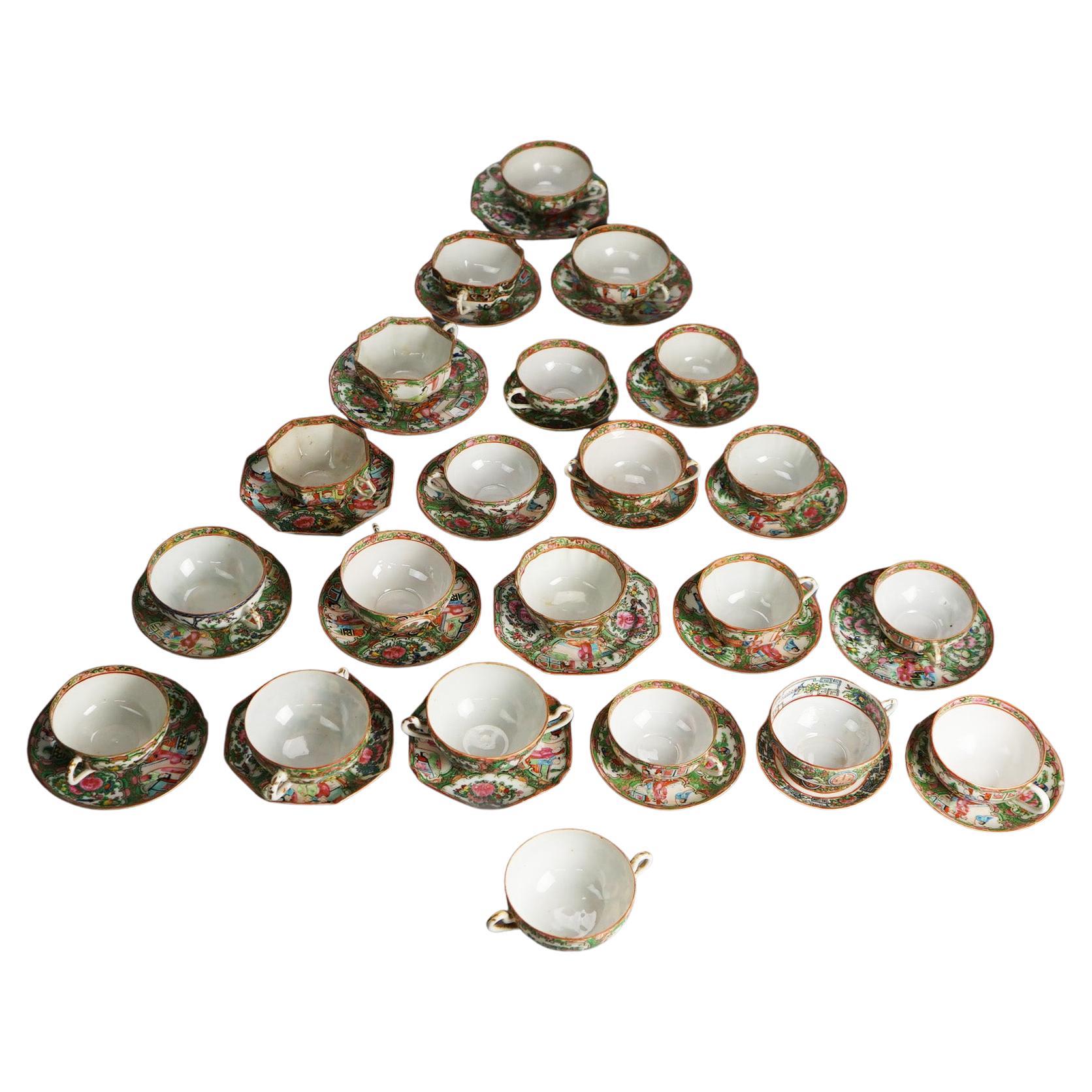 21 Antique Chinese Rose Medallion Porcelain Tea Cups & 20 Saucers C1900 For Sale