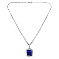 21 Carat Cushion-Cut AAA Tanzanite & 9.5 Ct Diamonds, Pendant Necklace  Estate