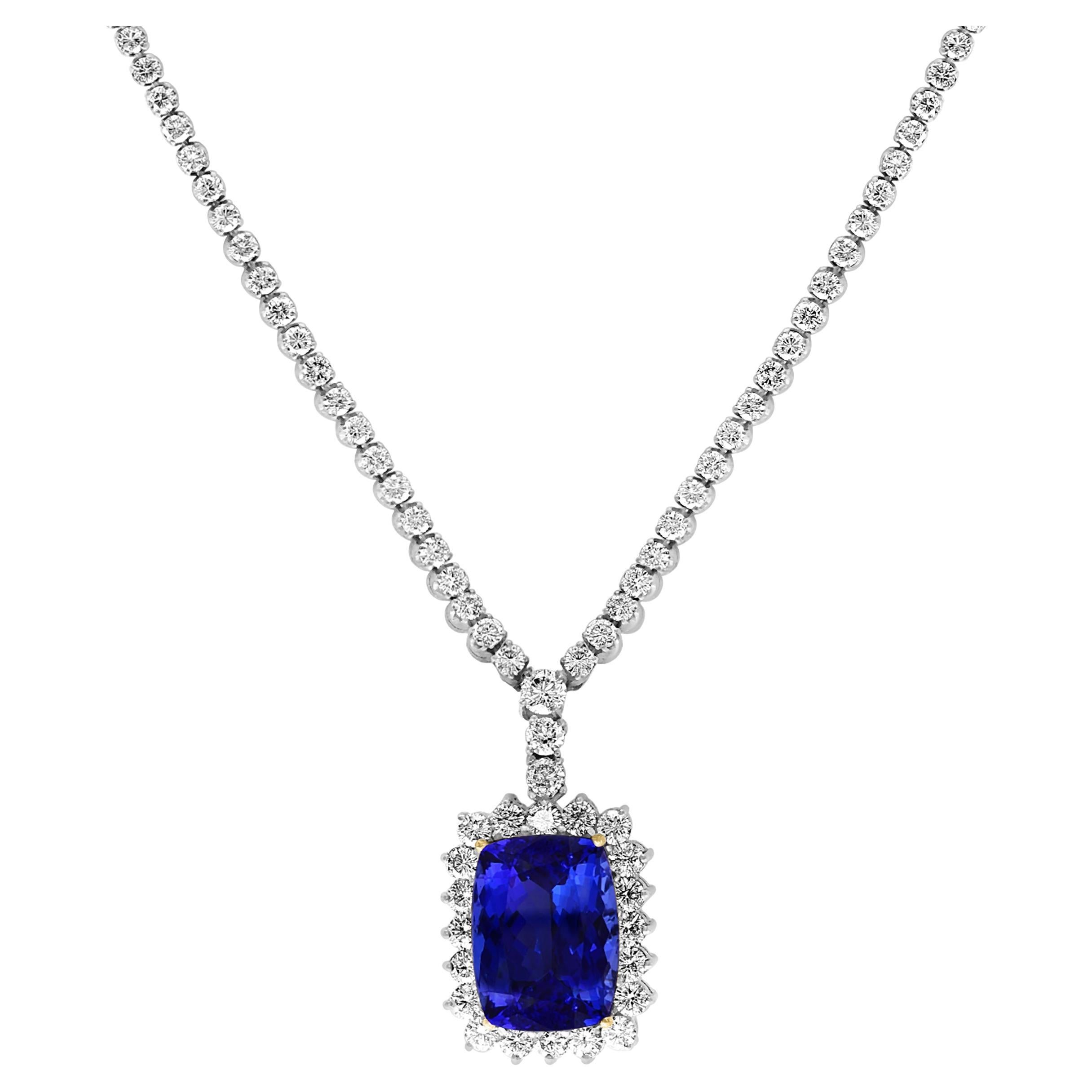 21 Carat Cushion-Cut AAA Tanzanite & 9.5 Ct Diamonds, Pendant Necklace  Estate For Sale