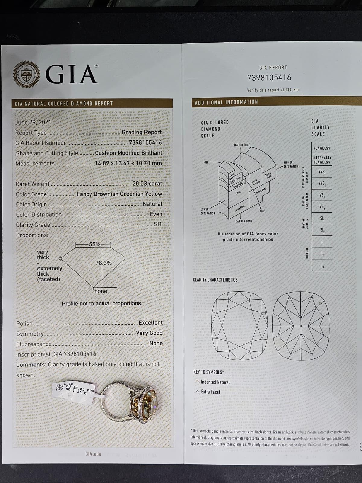 Bague de fiançailles diamant taille coussin de 21 carats brunâtre vertâtre jaune fantaisie SI1 Pour femmes en vente