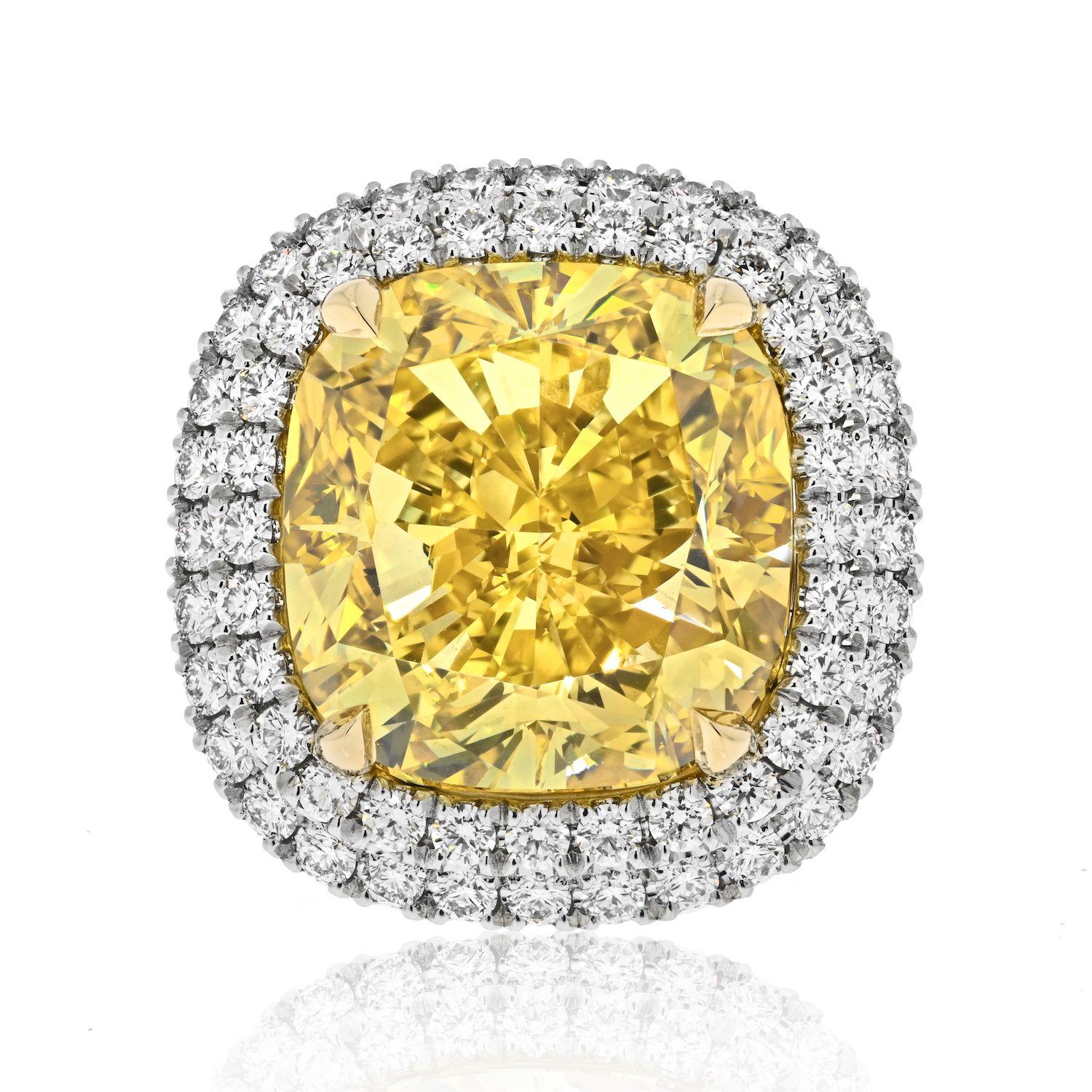 21 Carat Cushion Cut Fancy Deep Brownish Yellow VVS1 Double Halo Engagement Ring In New Condition For Sale In New York, NY