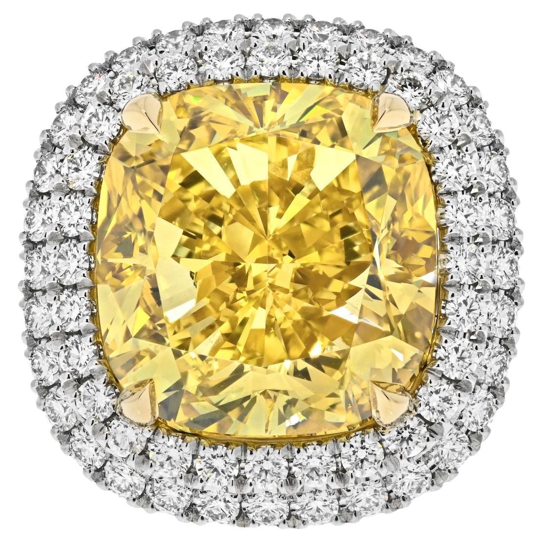 21 Carat Cushion Cut Fancy Deep Brownish Yellow VVS1 Double Halo Engagement Ring For Sale