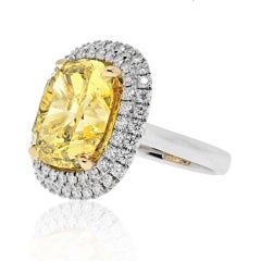 21 Carat Cushion Halo Diamond Ring Fancy Yellow VVS1 14K White Gold