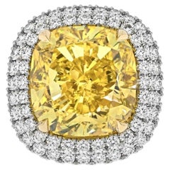 21 Carat Cushion Halo Diamond Ring Fancy Yellow VVS1 14K White Gold