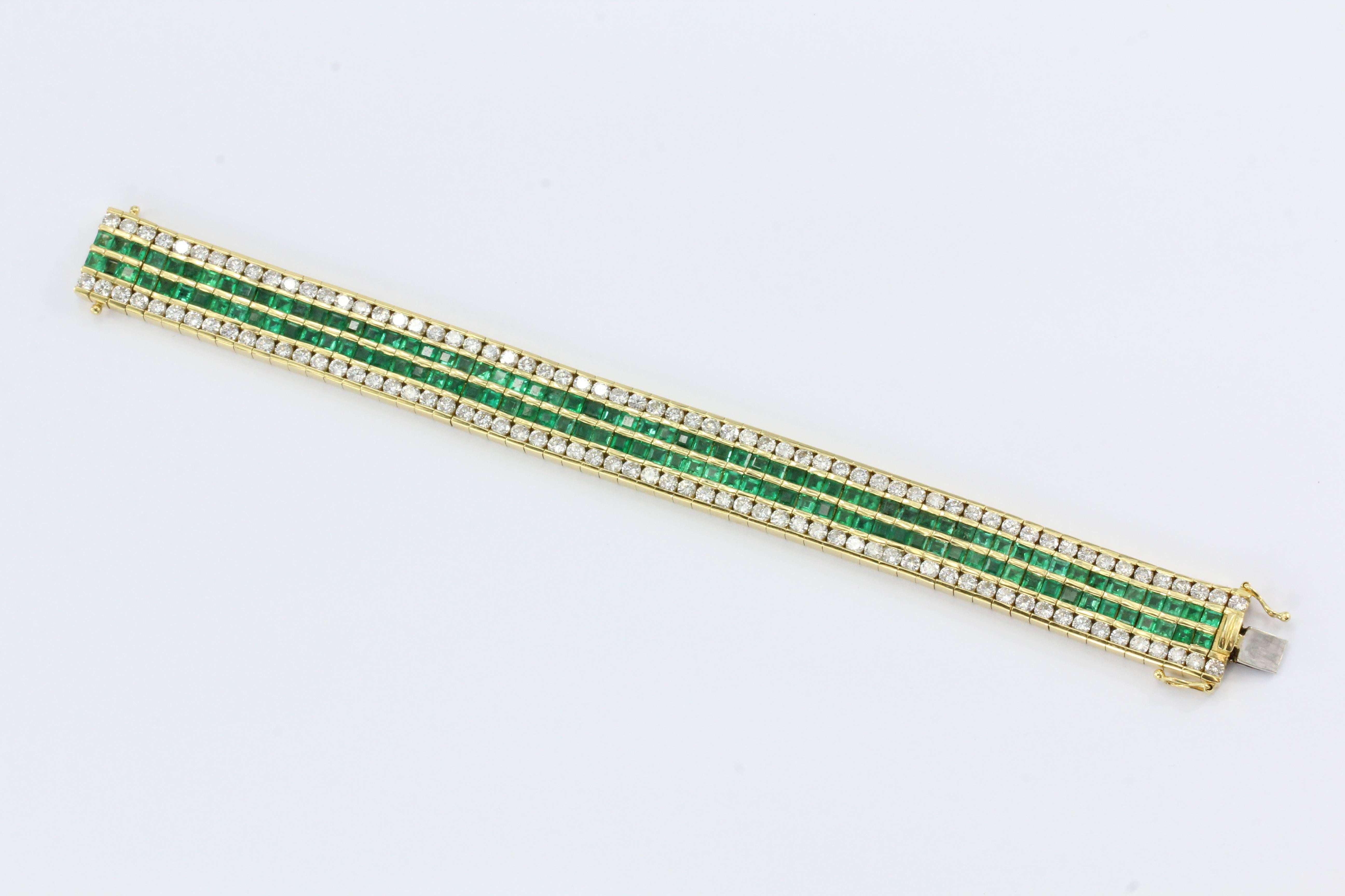 18k Gold Diamond & Emerald Tennis Bracelet 21 CTW

Magnificent & grand gemstone studded statement piece. The bracelet is set with 11 carats of natural princess cut emeralds and 10 carats of round brilliant cut G/H/I color Vs2/Si2 clarity diamonds.