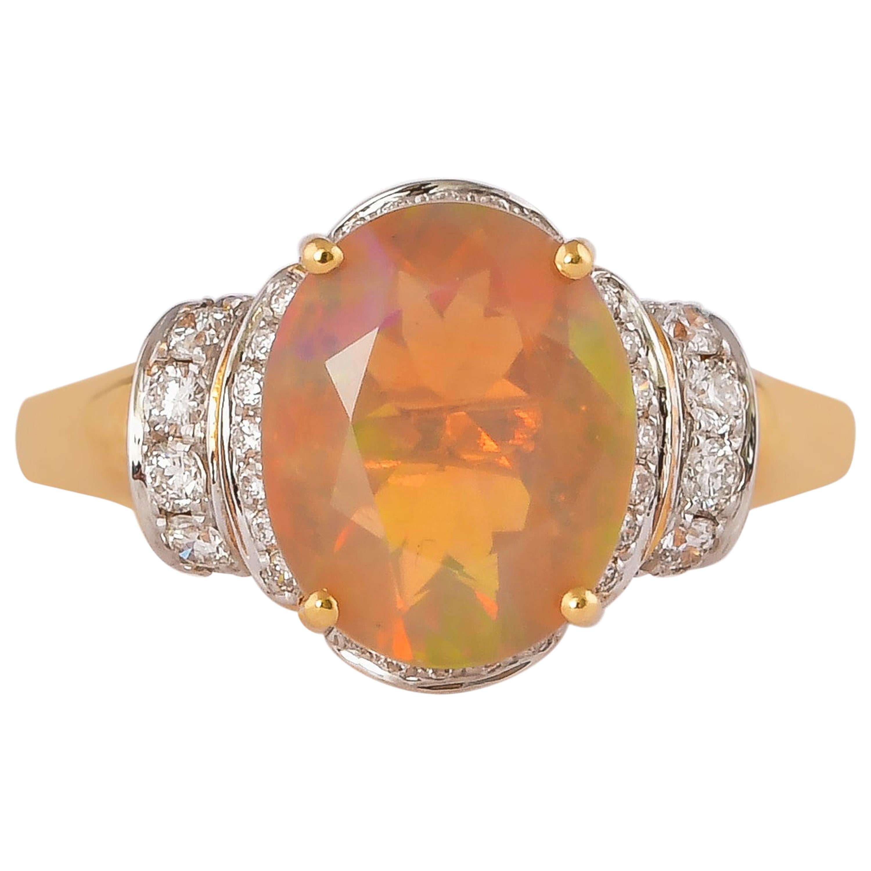 2.1 Carat Ethiopian Opal with Diamond Ring in 18 Karat Yellow Gold For Sale