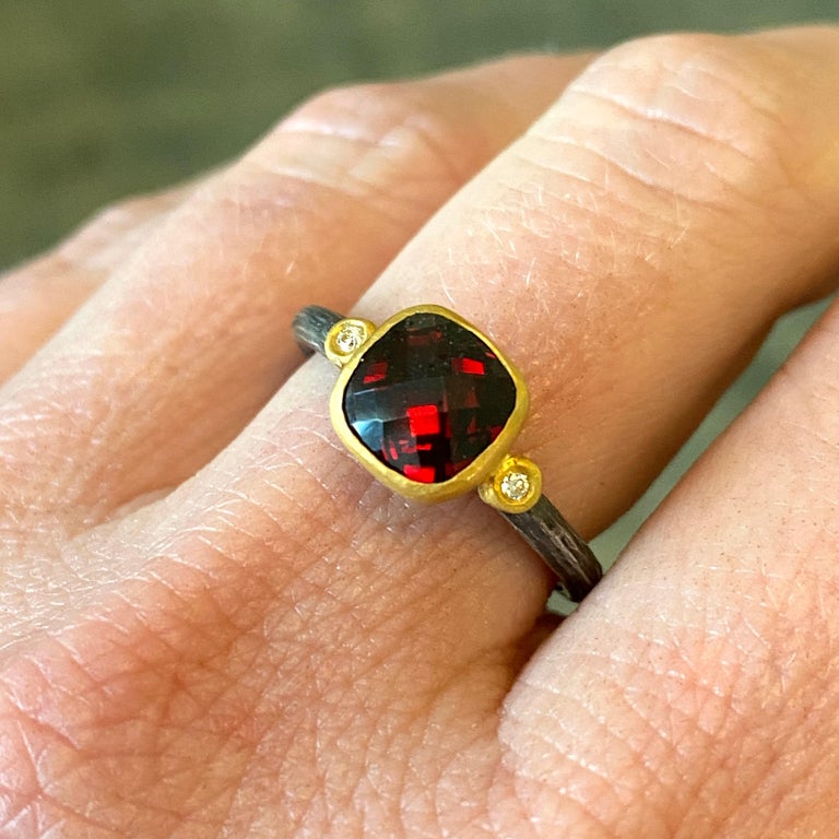 Byzantine 2.1 Carat Faceted Checkerboard Red Garnet Ring with Diamonds, 24k Gold & SS For Sale