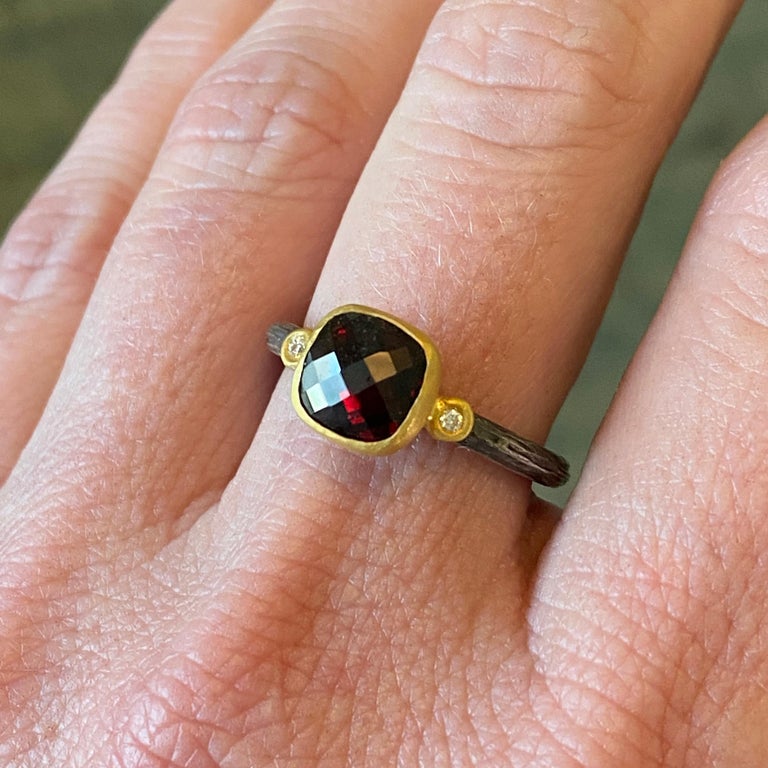 Cushion Cut 2.1 Carat Faceted Checkerboard Red Garnet Ring with Diamonds, 24k Gold & SS For Sale