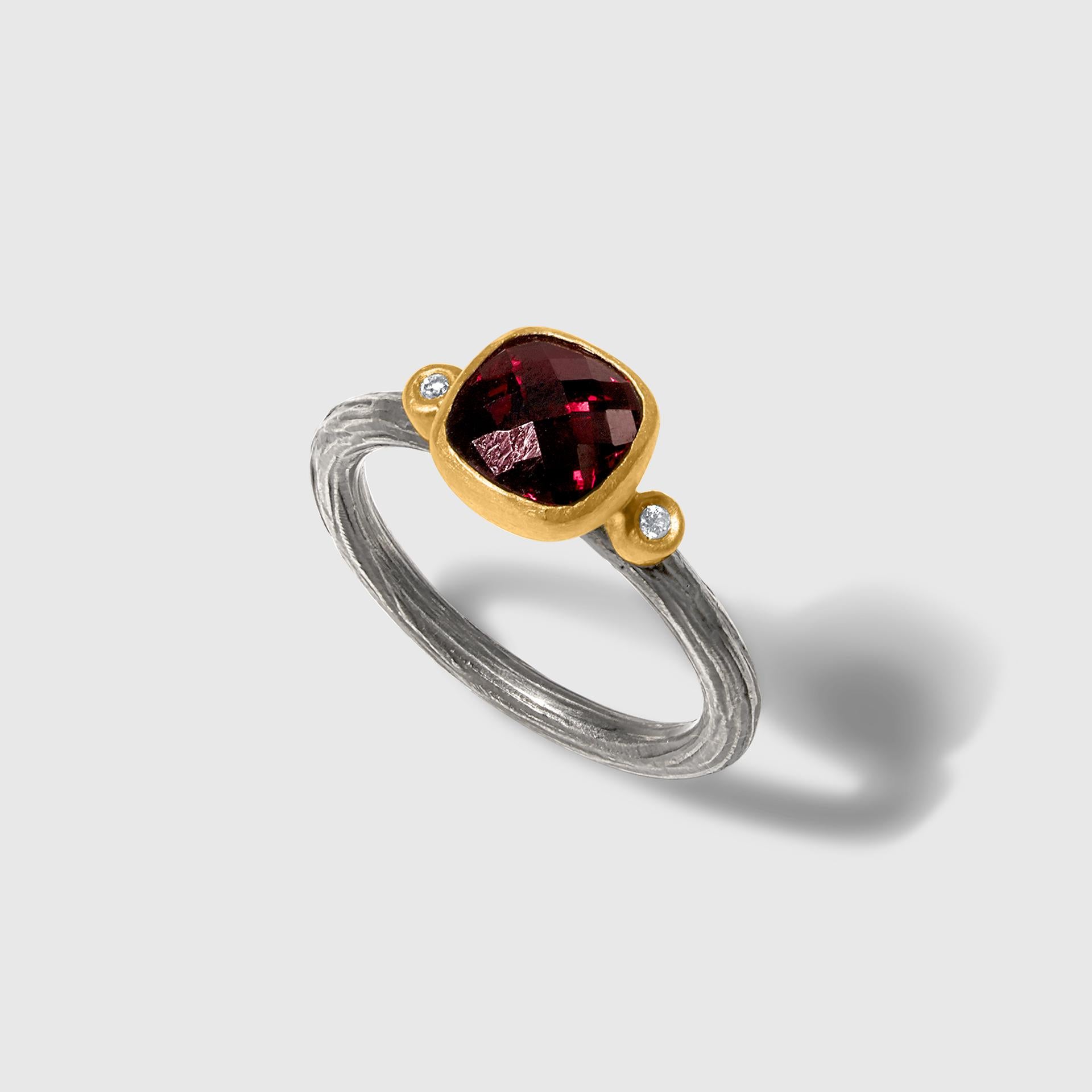 Byzantine 2.1 Carat Faceted Checkerboard Red Garnet Ring with Diamonds, 24k Gold & SS For Sale