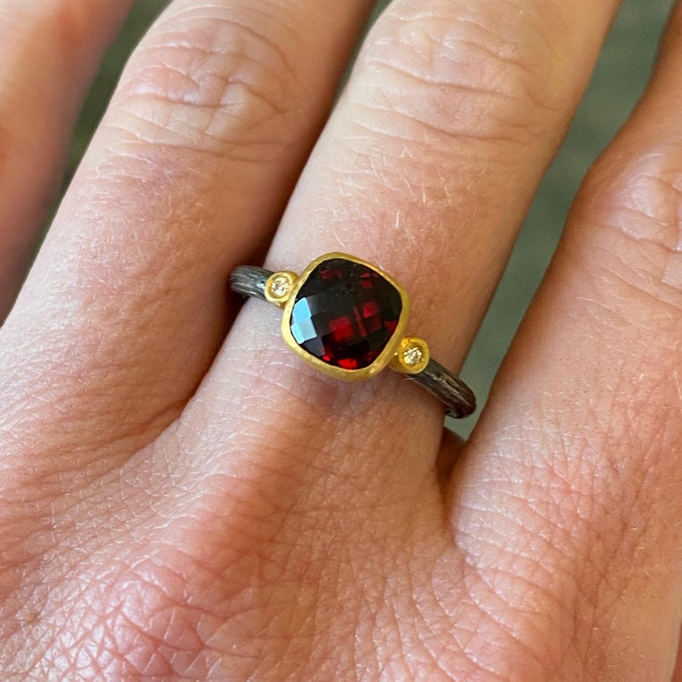 2.1 Carat Faceted Checkerboard Red Garnet Ring with Diamonds, 24k Gold & SS In New Condition For Sale In Bozeman, MT