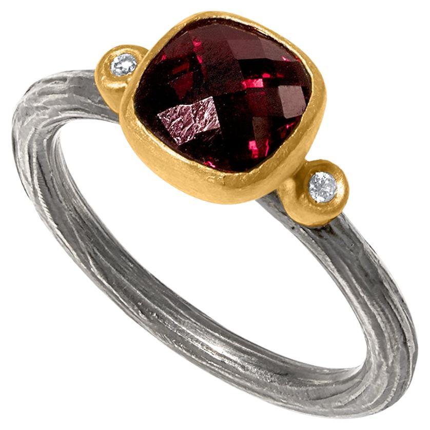 2.1 Carat Faceted Checkerboard Red Garnet Ring with Diamonds, 24k Gold & SS
