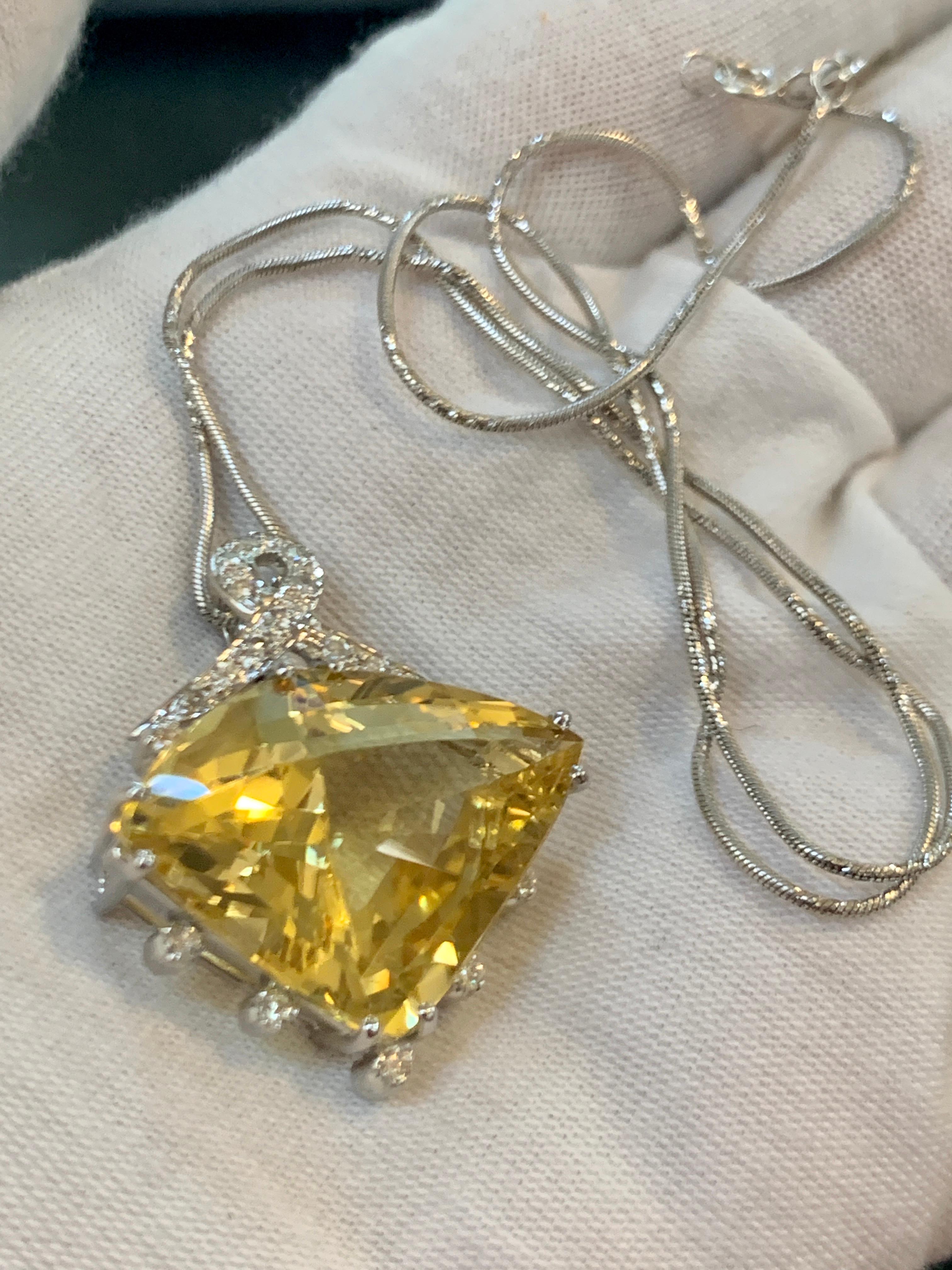 Women's 21 Carat Lemon Topaz and Diamond Pendant Necklace Enhancer, 18 Karat White Gold