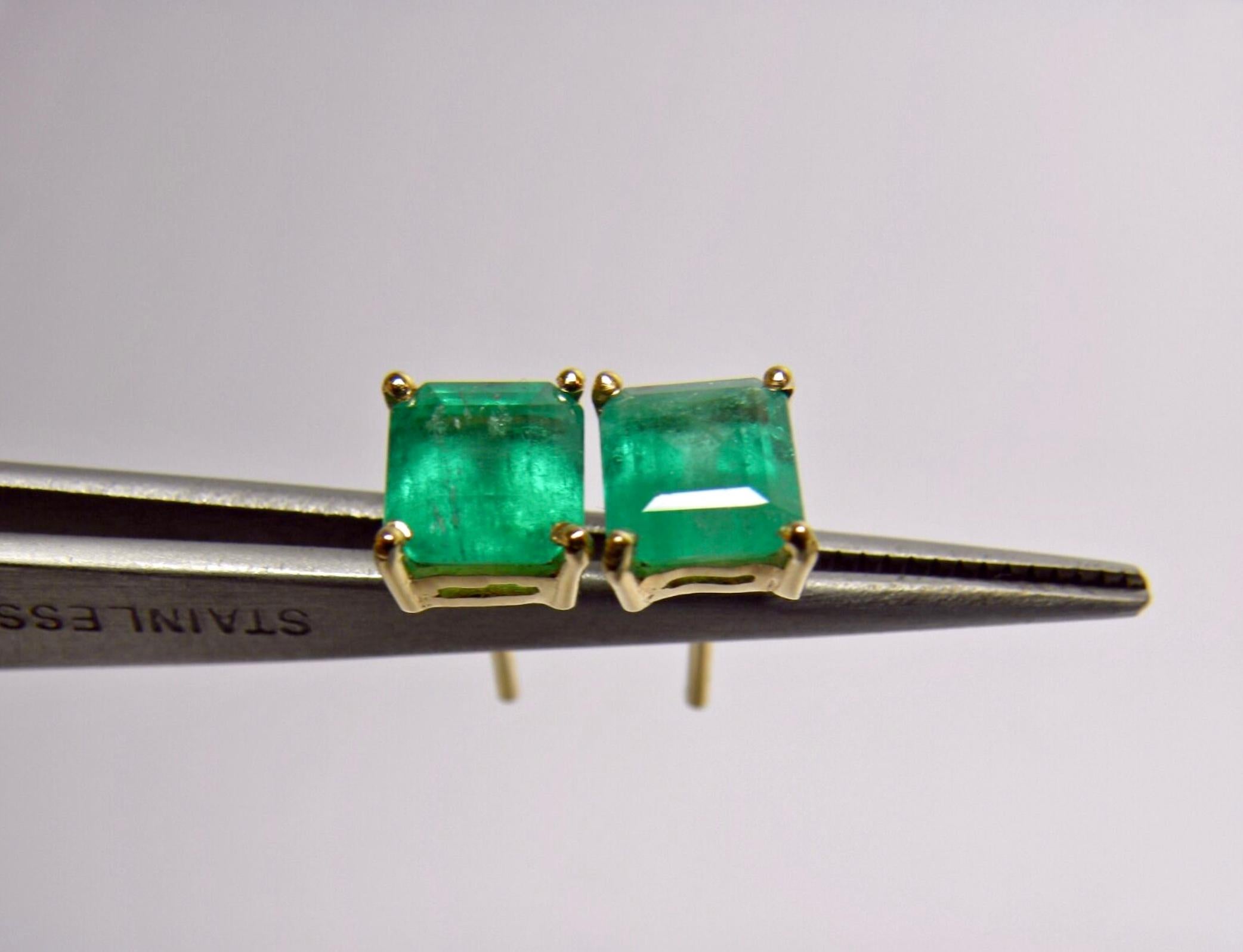 2.1 Carat Natural Colombian Emerald Stud Earrings 18 Karat Gold 2