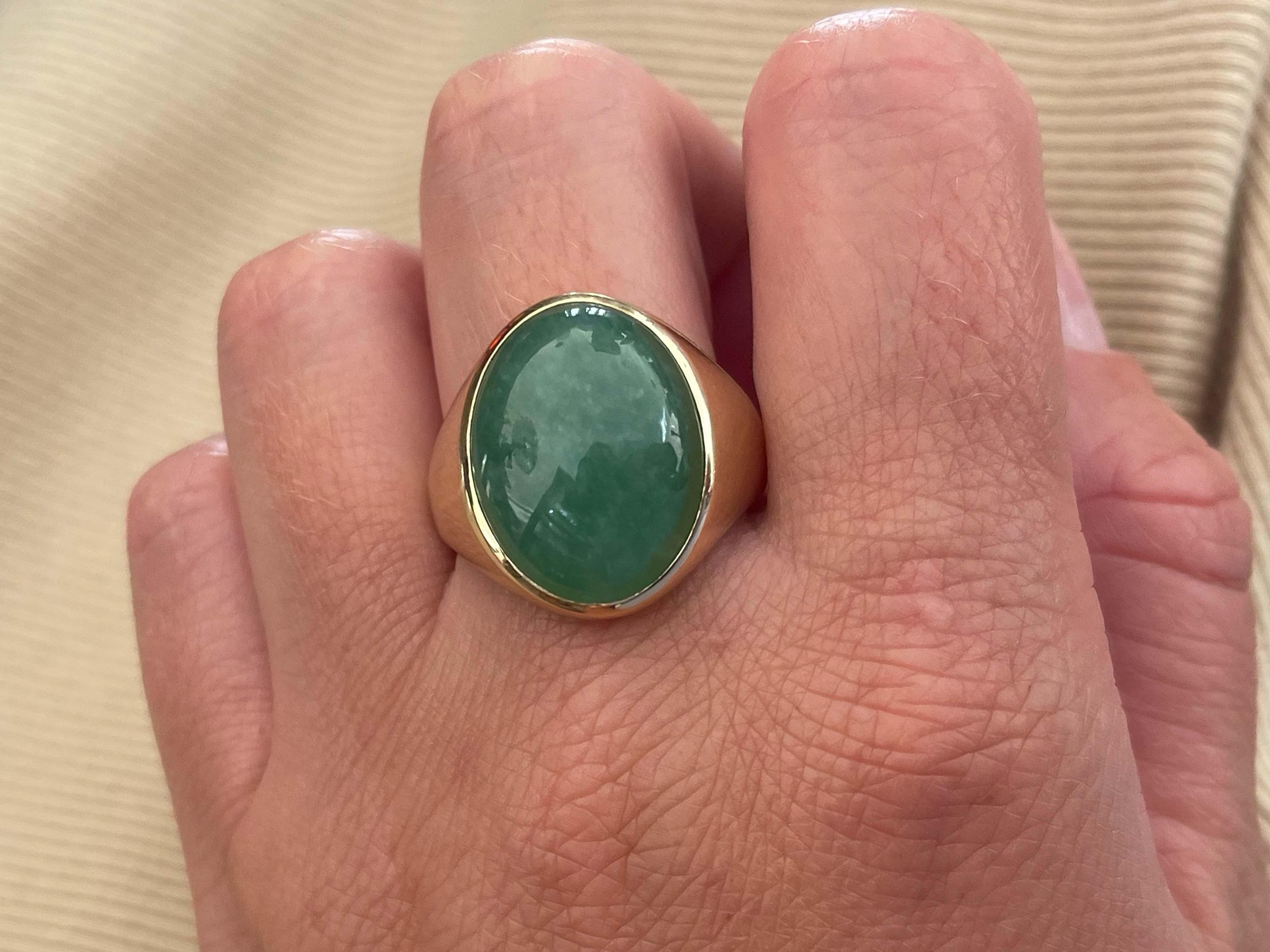 Item Specifications:

Metal: 14k Yellow Gold 

Style: Statement Ring

Ring Size: 10.75 (resizing available for a fee)

Total Weight: 13.1 Grams

Gemstone Specifications:

Center Gemstone: Jadeite Jade

Shape: Oval

Color: Green

Cut: