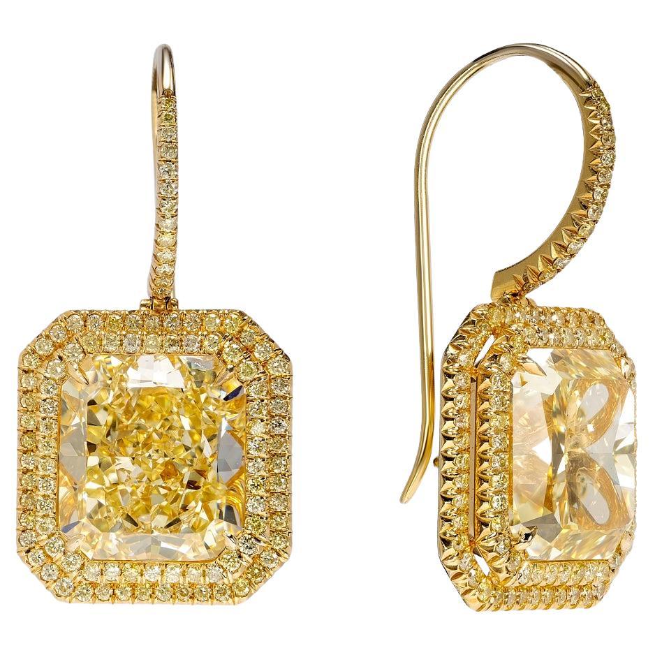21 Carat Radiant Cut Diamond Drop Earrings GIA Certified Fancy Yellow VS1-VVS1 For Sale
