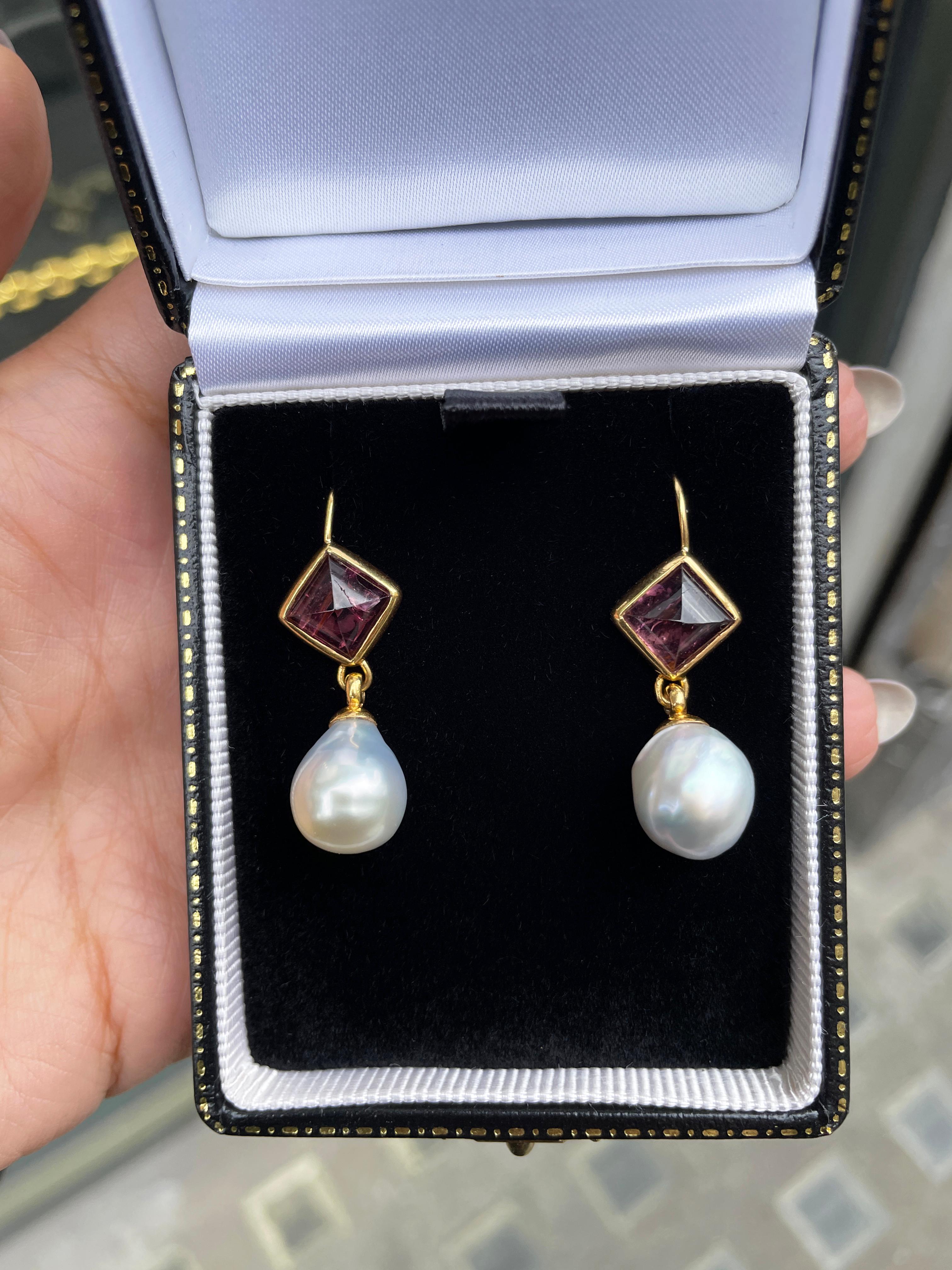 Retro 21 Carat South Sea Pearl and Pink Pyramid Cabouchon Tourmaline Drop Earrings For Sale