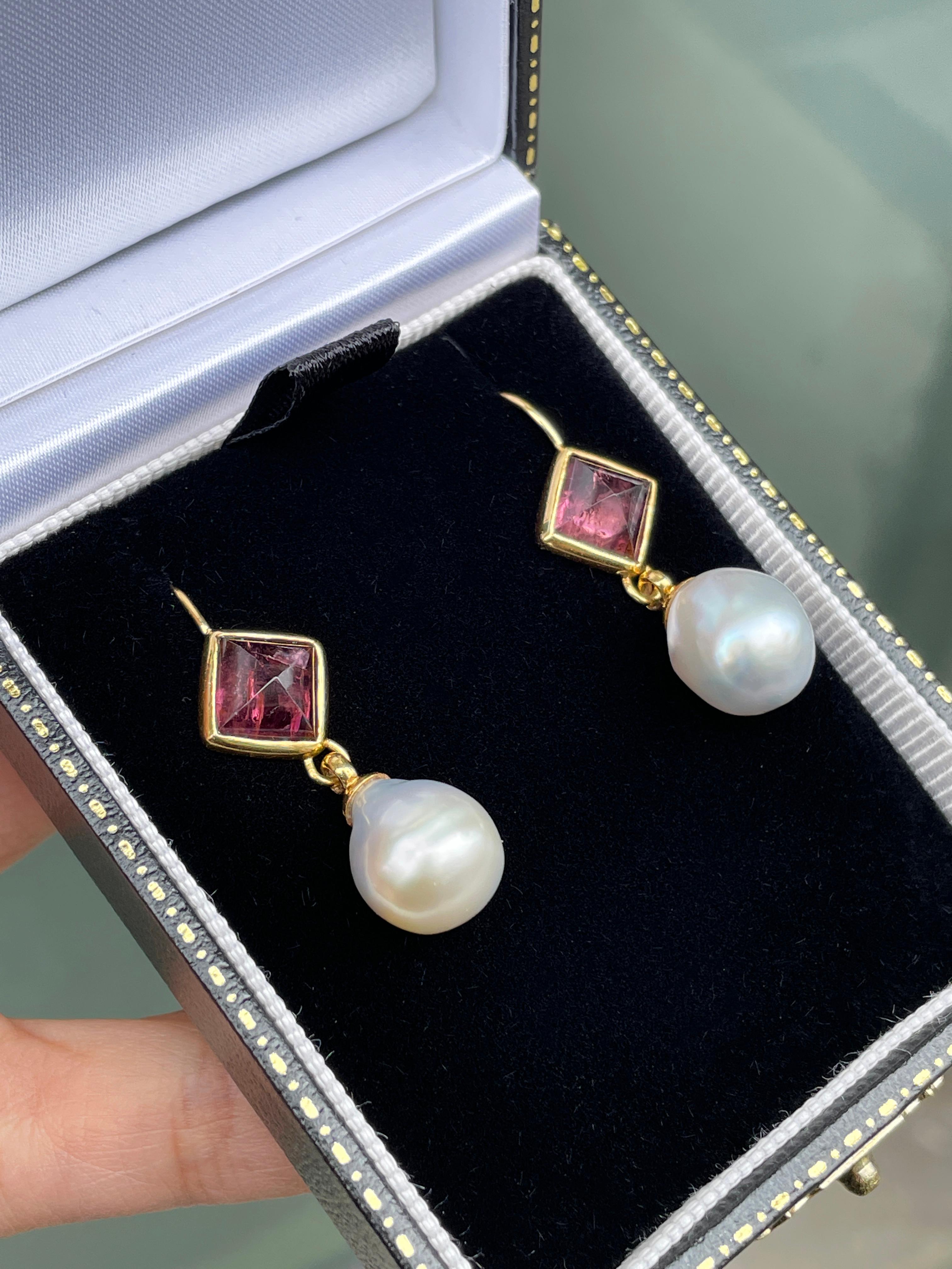 Cabochon 21 Carat South Sea Pearl and Pink Pyramid Cabouchon Tourmaline Drop Earrings For Sale