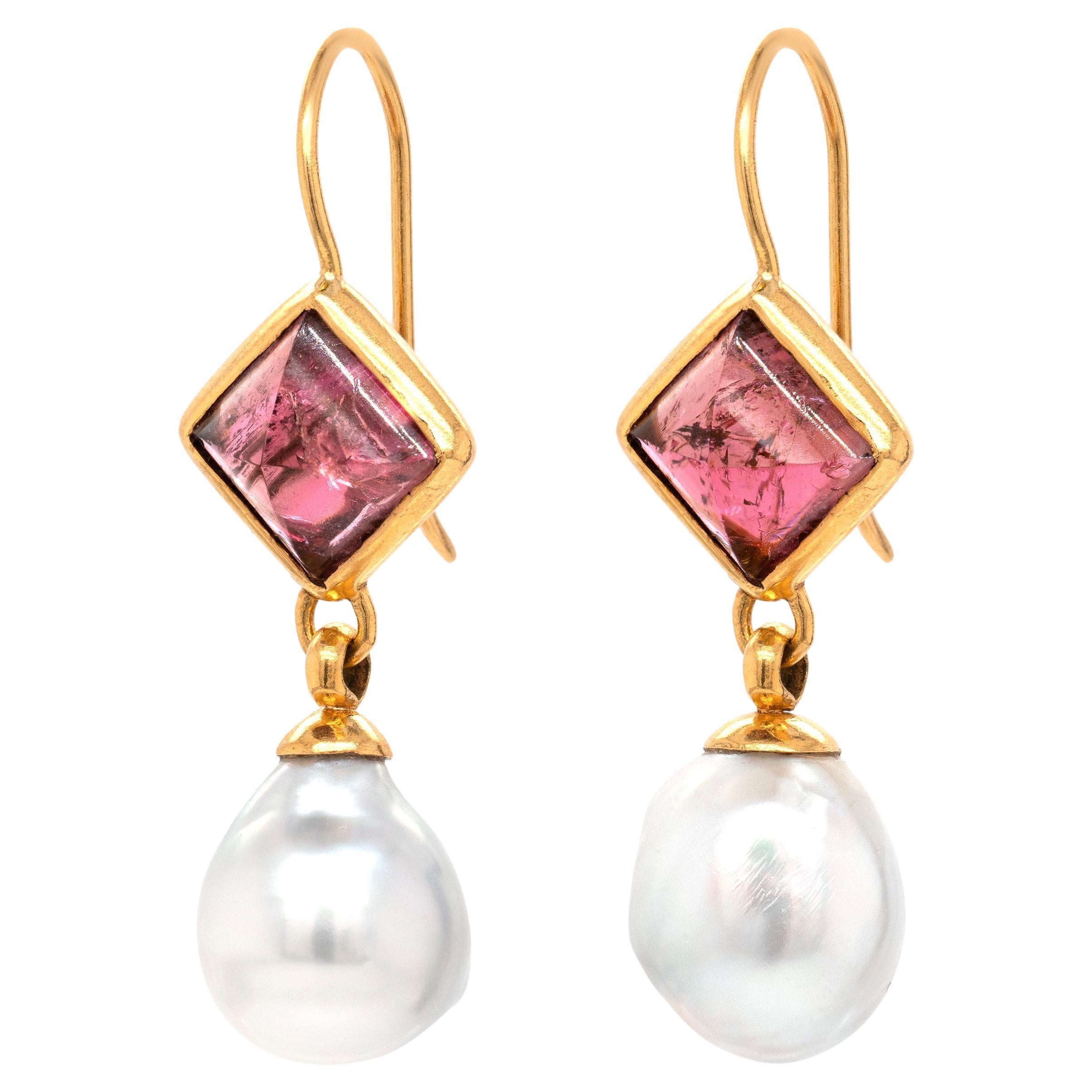 21 Carat South Sea Pearl and Pink Pyramid Cabouchon Tourmaline Drop Earrings For Sale