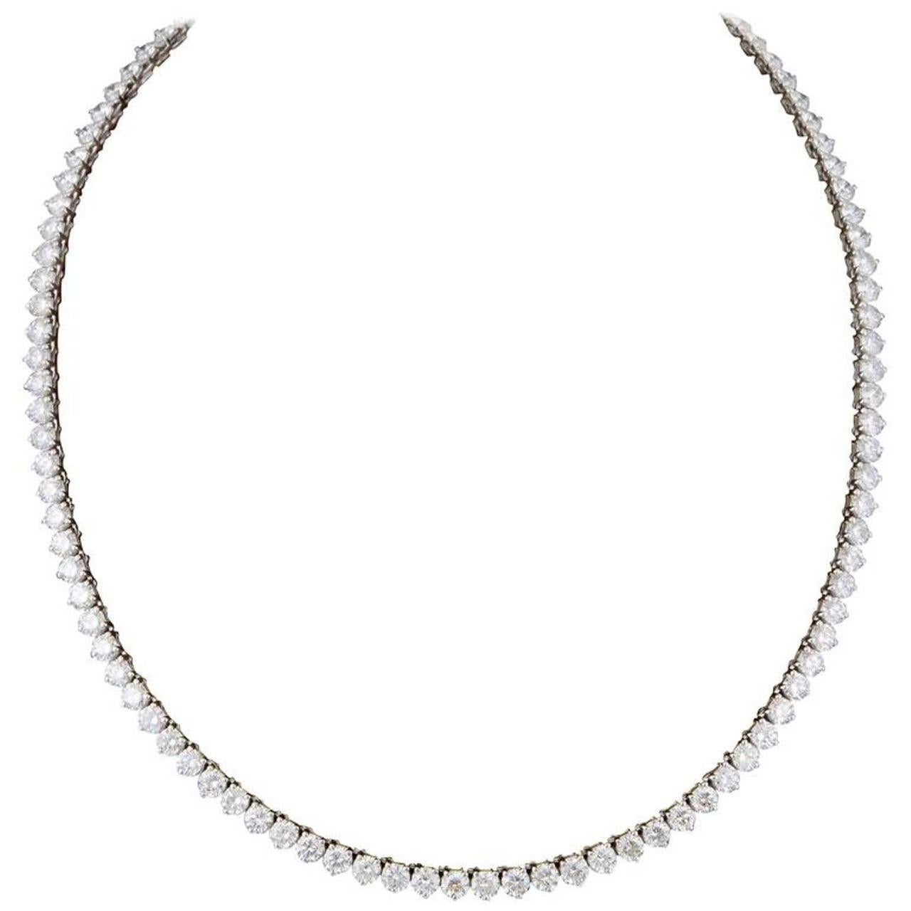 Modern 21 Carat Tennis Necklace in with 3-Prong Set Round Diamonds For Sale