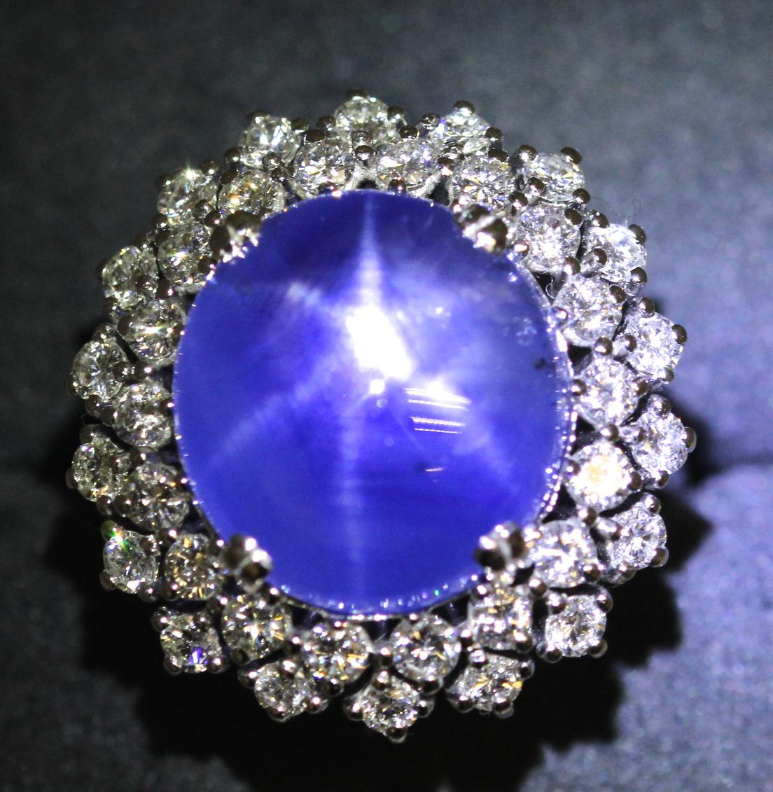 21 Carat Vintage Star Sapphire and Diamond Cluster White Gold Cocktail Ring For Sale 7