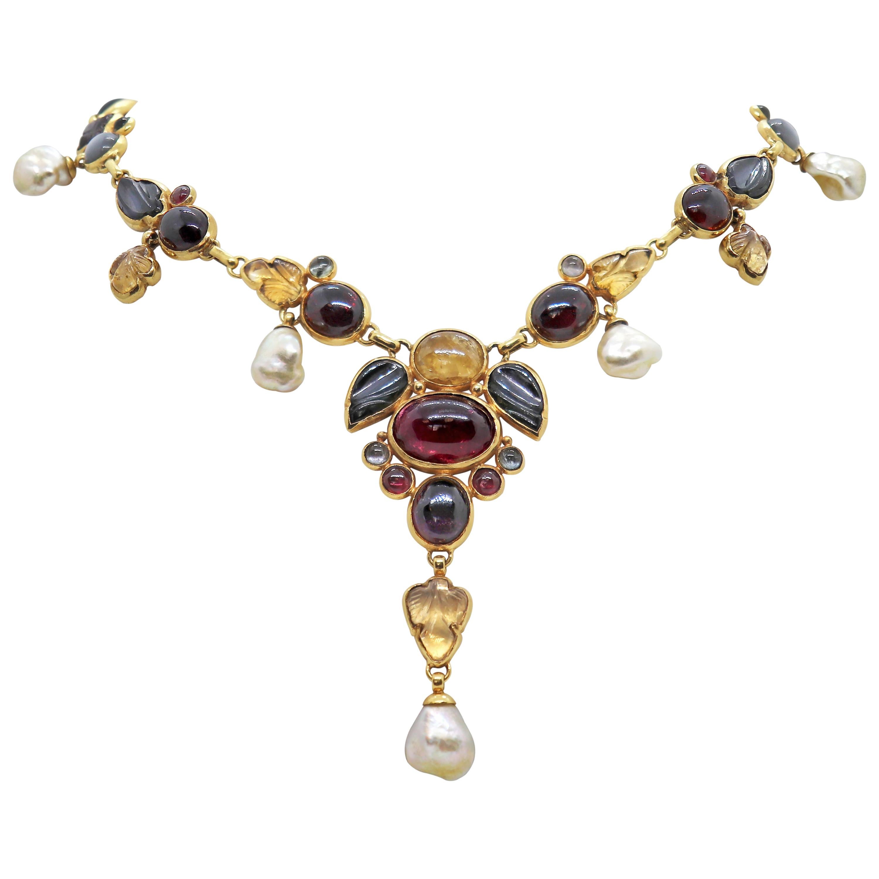 21 Carat Yellow Gold Multi-Color Gemstone and Pearl Drop Necklace For Sale
