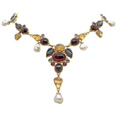 21 Carat Yellow Gold Multi-Color Gemstone and Pearl Drop Necklace