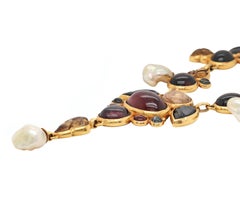 21 Carat Yellow Gold Multi-Color Gemstone and Pearl Drop Necklace