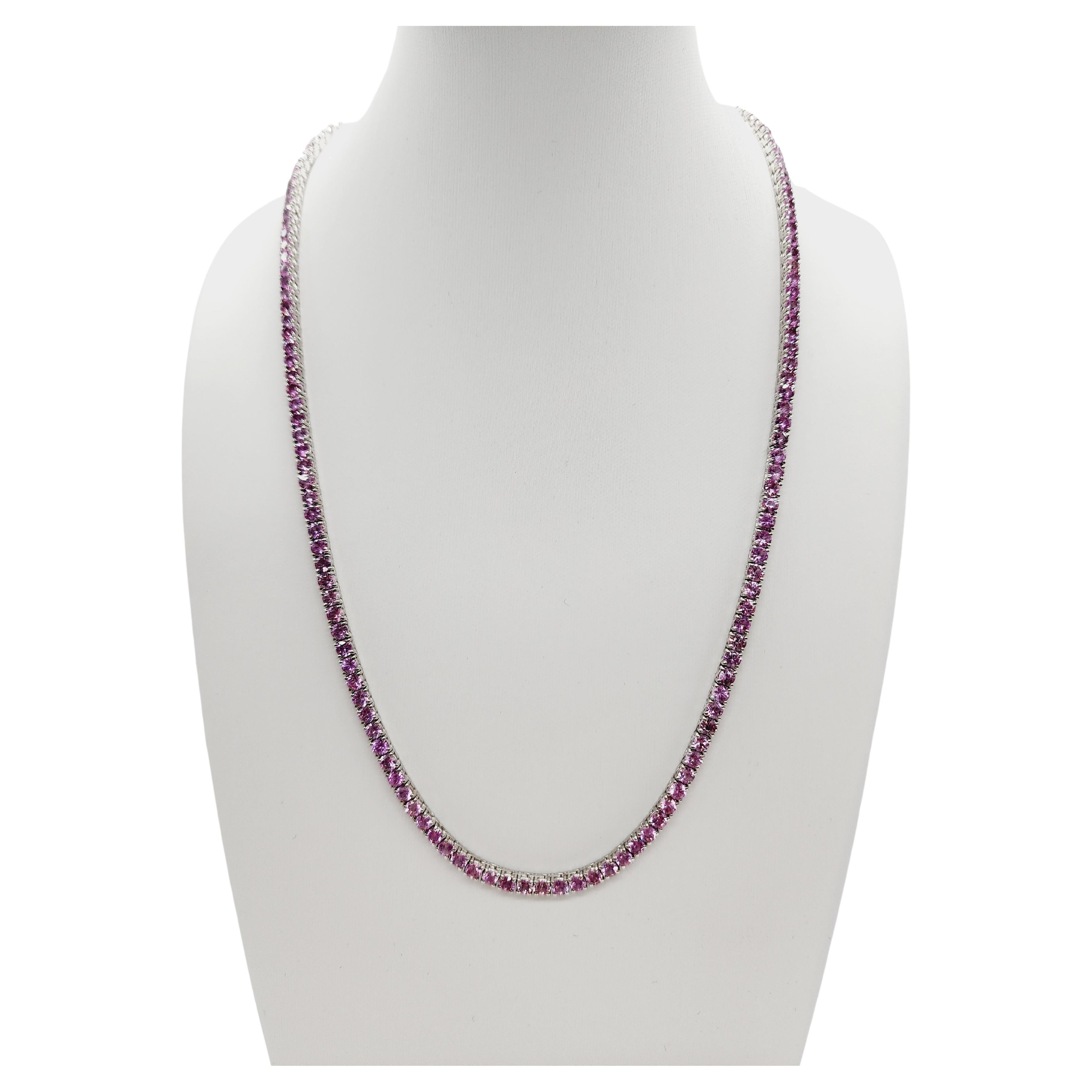 21 Carats Pink Sapphire Tennis Necklace 14 Karat White Gold 20'' For Sale