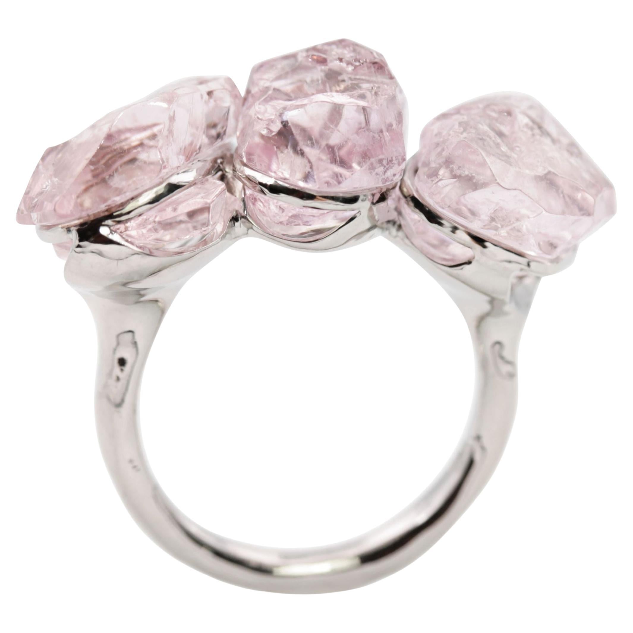 21 Carats Rough Morganites Platinum Ring