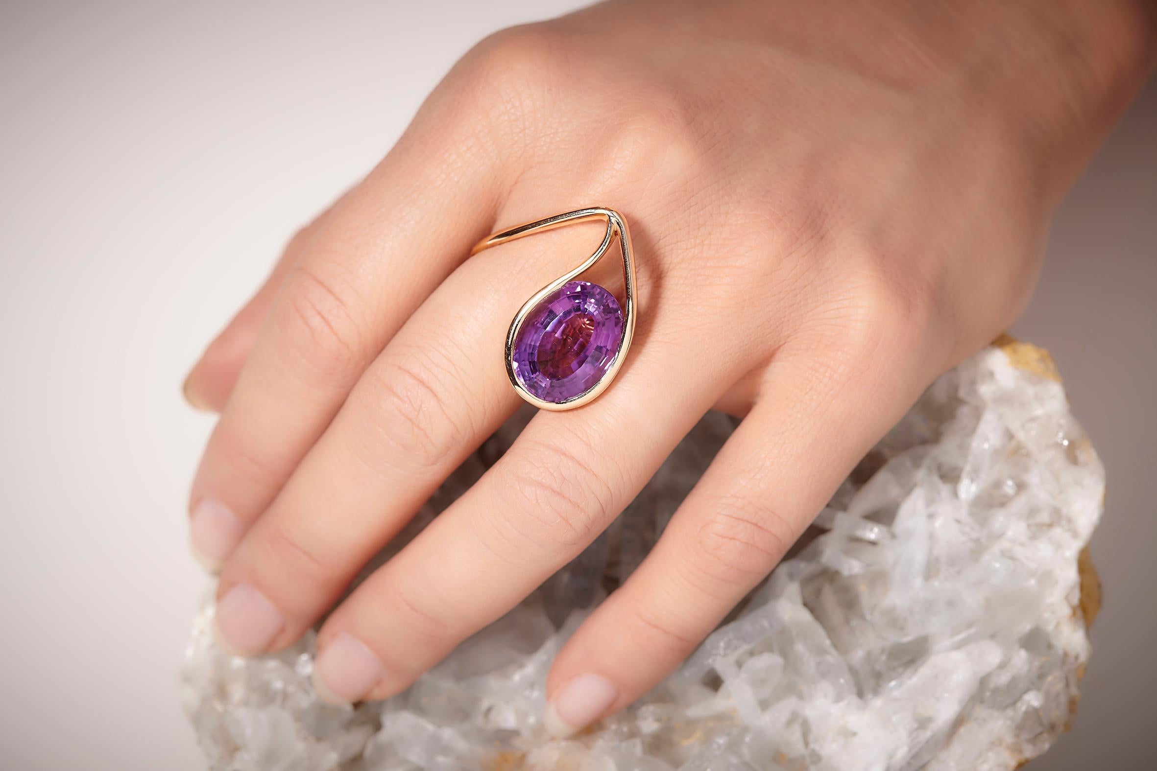 For Sale:  18Kt Rose Gold Made in Italy Amethyst Innovatevely Worn Cosmic Cocktail Ring 7