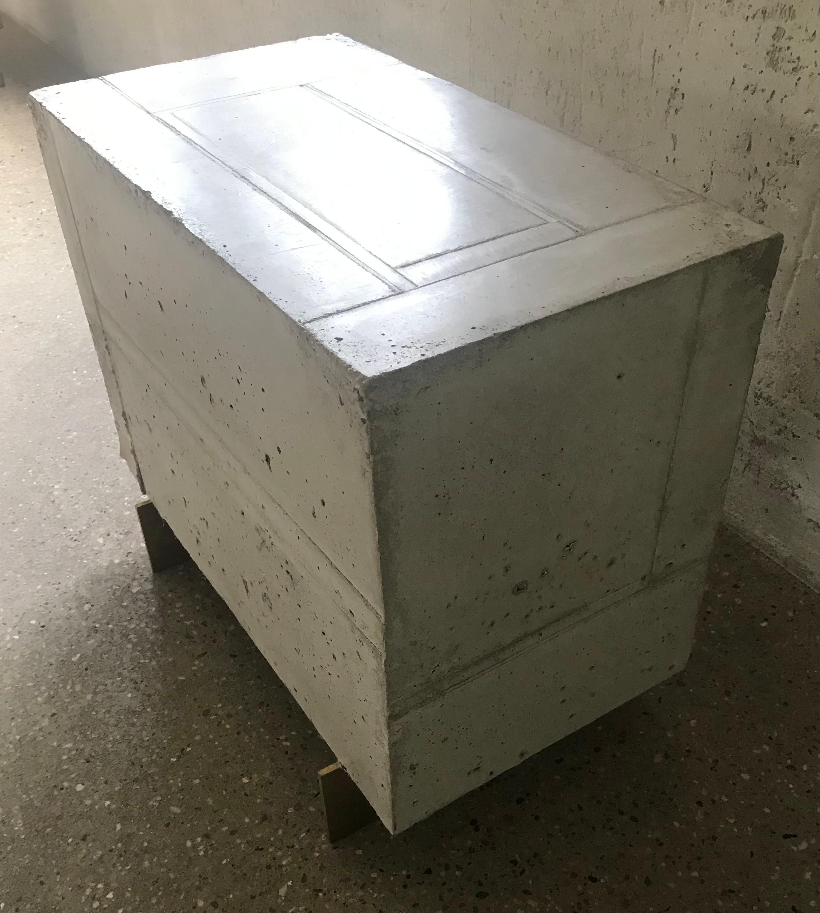 American 21 Century Brutalist Concrete Block Side Table with Brass Feet by E Slayton For Sale