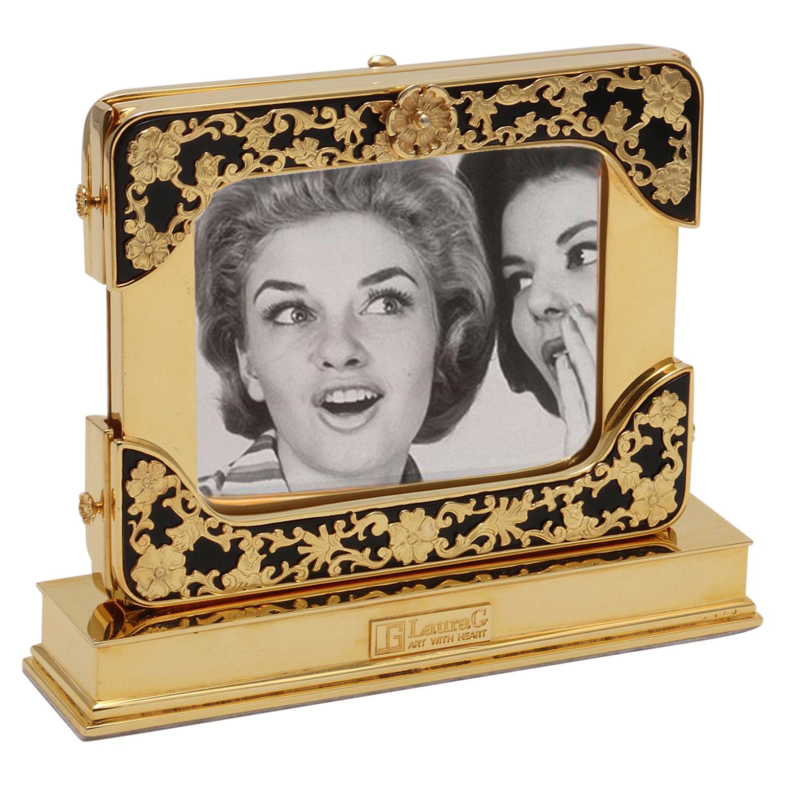 Luxury  Photo Frame, Silver with gold bath,  marble , Reflection Noir For Sale