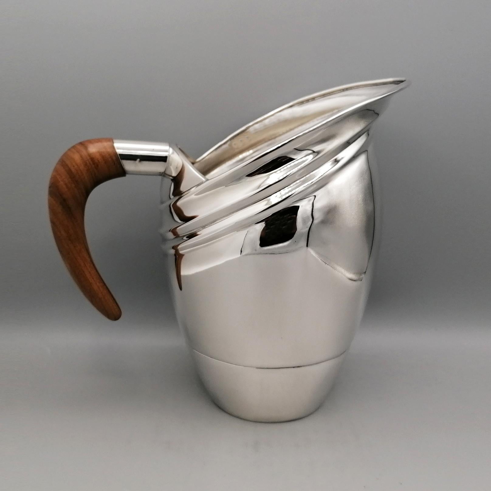 Hand-Crafted 21st Century Italian Art Deco style Sterling Silver Water jug with wood handle For Sale