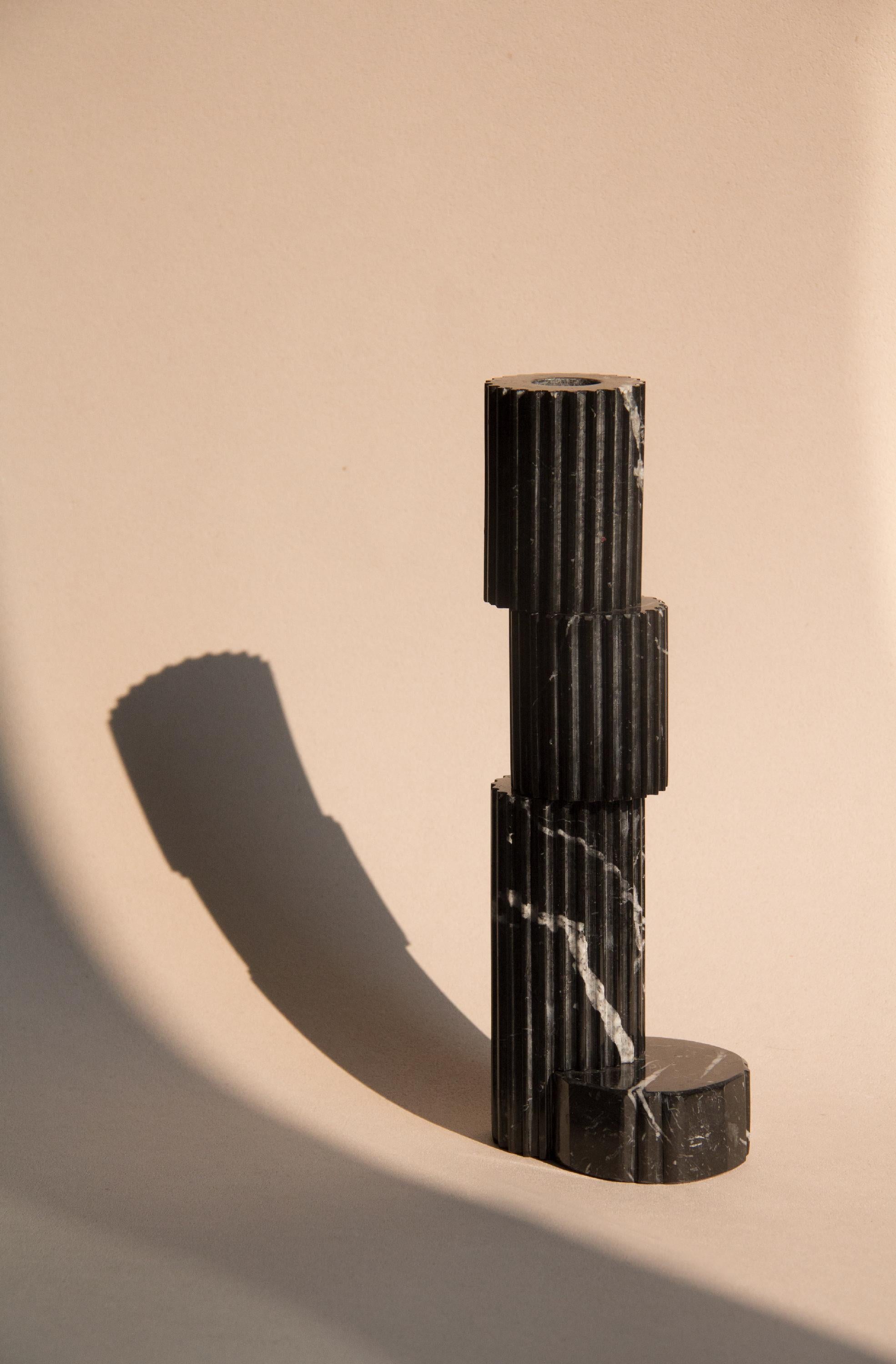 1 IN STOCK AVAILABLE NOW of these 21 Century Contemporary black marble Rovinette candleholders handmade in Italy by Ilaria Bianchi.

Hand-turned candleholder in black Marquinia marble produced by Italian artisans.
This Rovinette candleholder is born