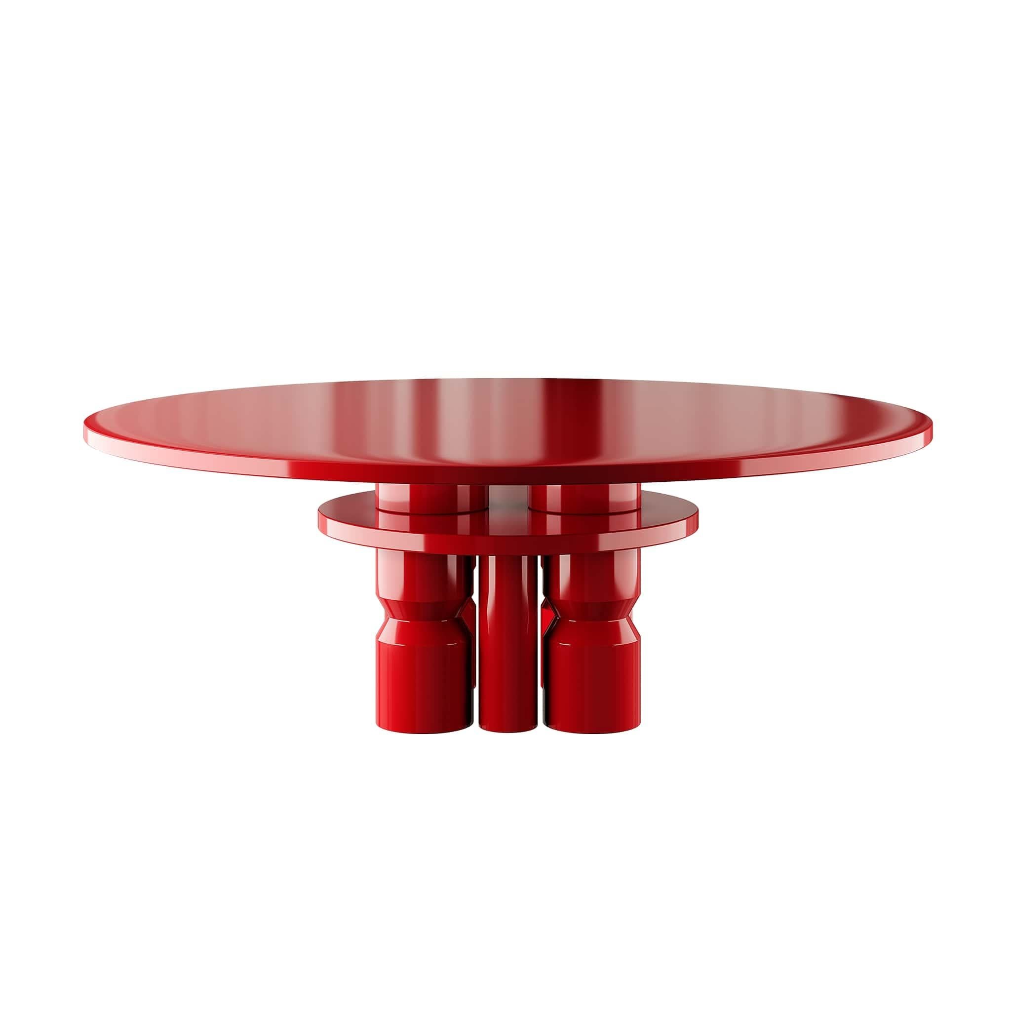 21 Century Modern Red Round Dining Table Lacquered Sculptural Base