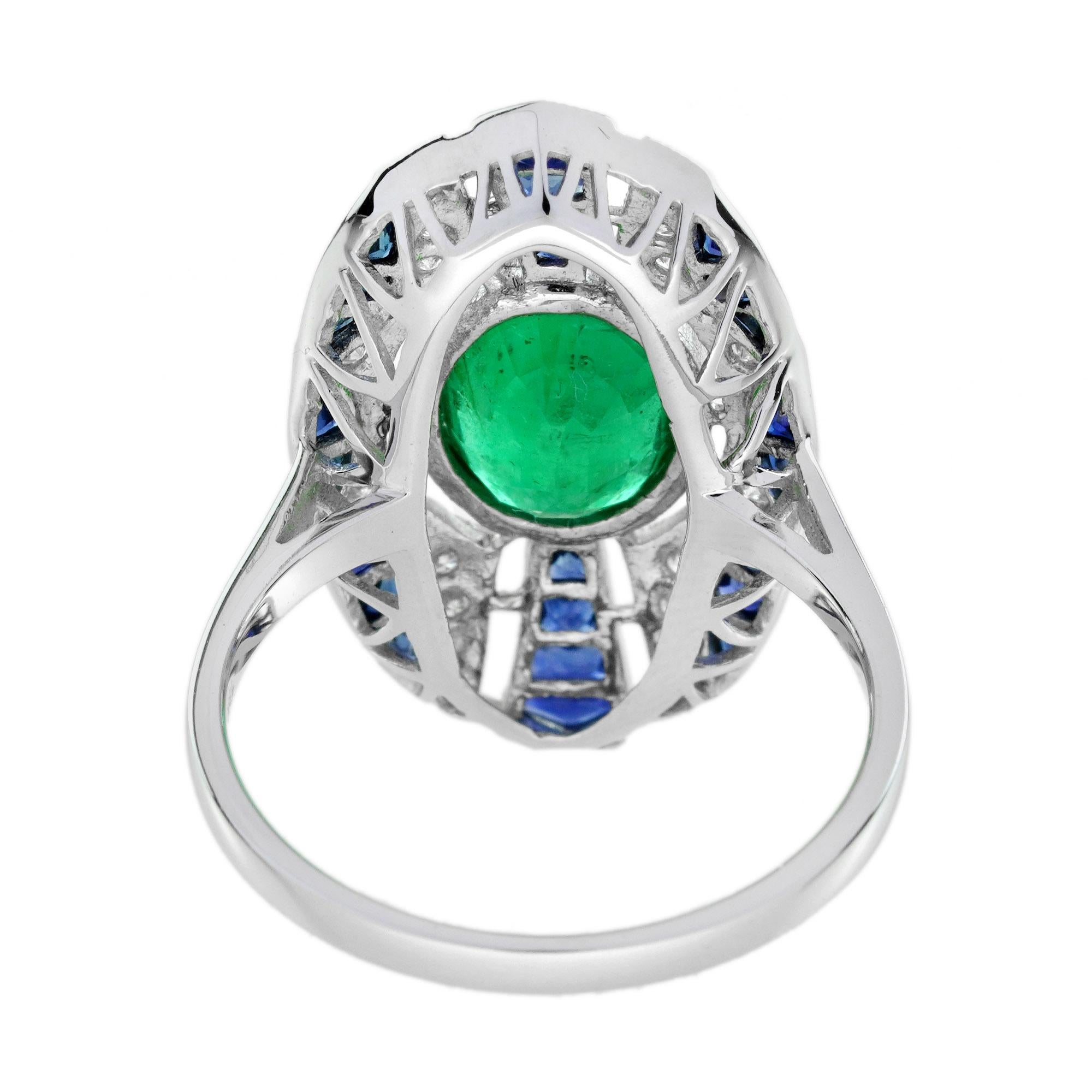 2.1 Ct. Bague de table en or blanc 18 carats, émeraude, saphir, diamant, style Art déco 5