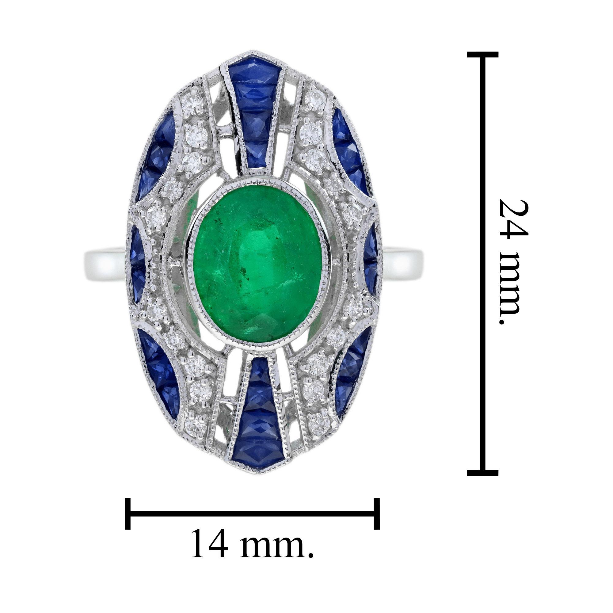 2.1 Ct. Bague de table en or blanc 18 carats, émeraude, saphir, diamant, style Art déco 7