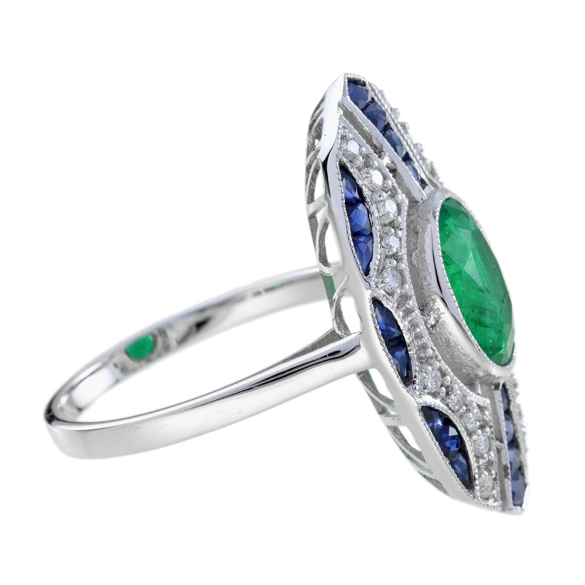 2.1 Ct. Bague de table en or blanc 18 carats, émeraude, saphir, diamant, style Art déco 4