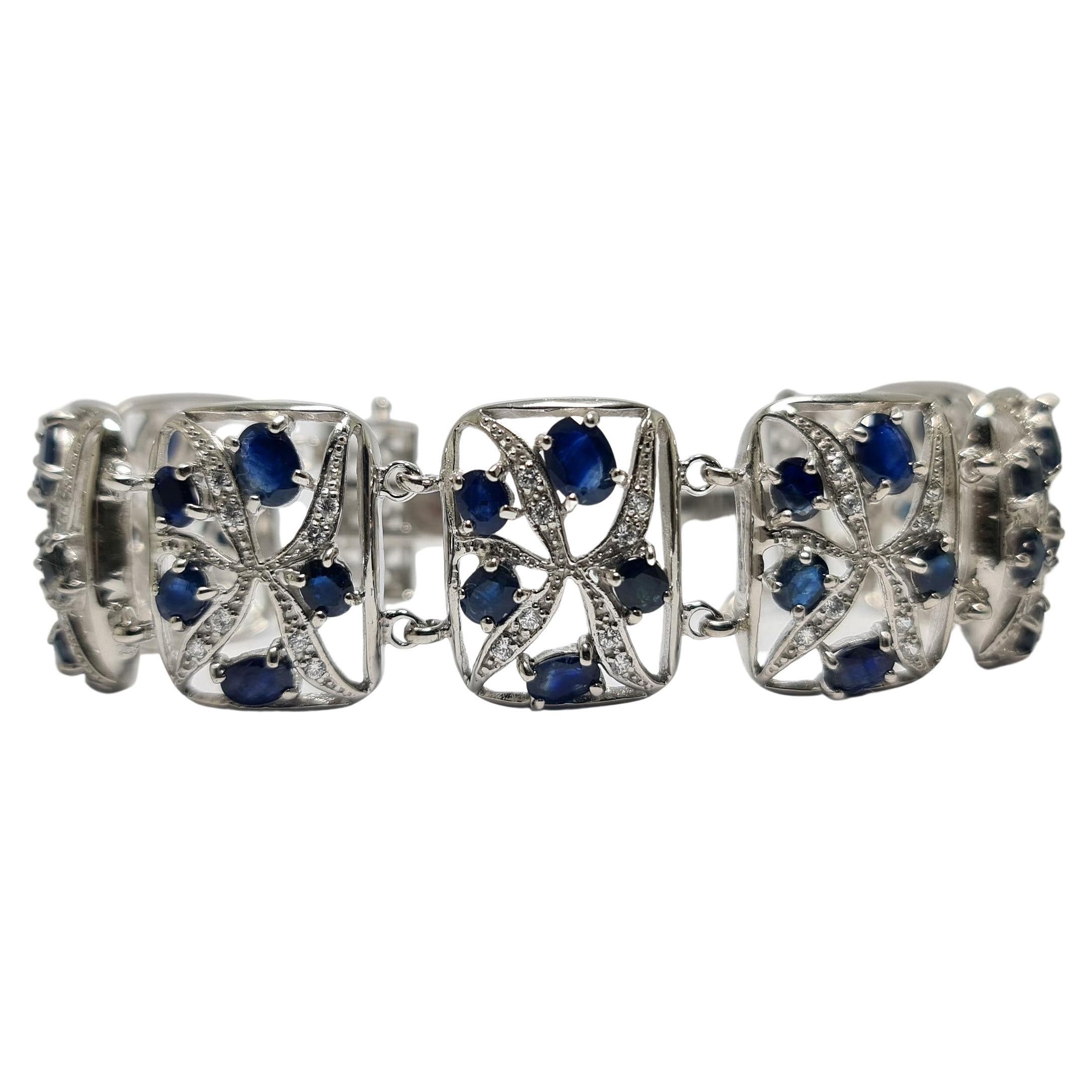 bracelet de saphirs bleus de Thaïlande naturels non traités de 21 cts sertis en argent sterling .925 avec placage rhodium 