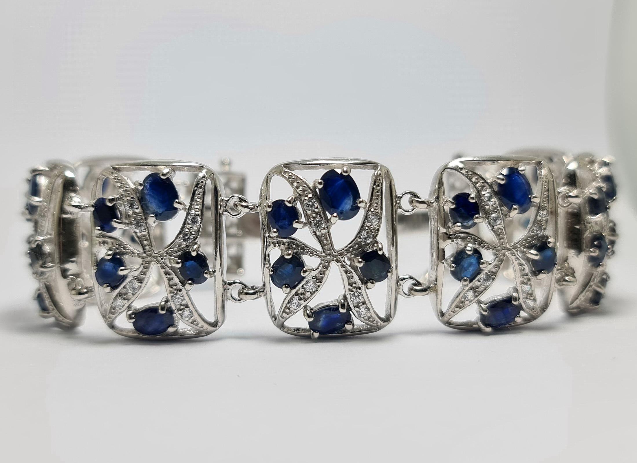 Art Deco 21 Cts Natural Untreated Sapphire .925 Sterling Silver Rhodium Plated Bracelet For Sale