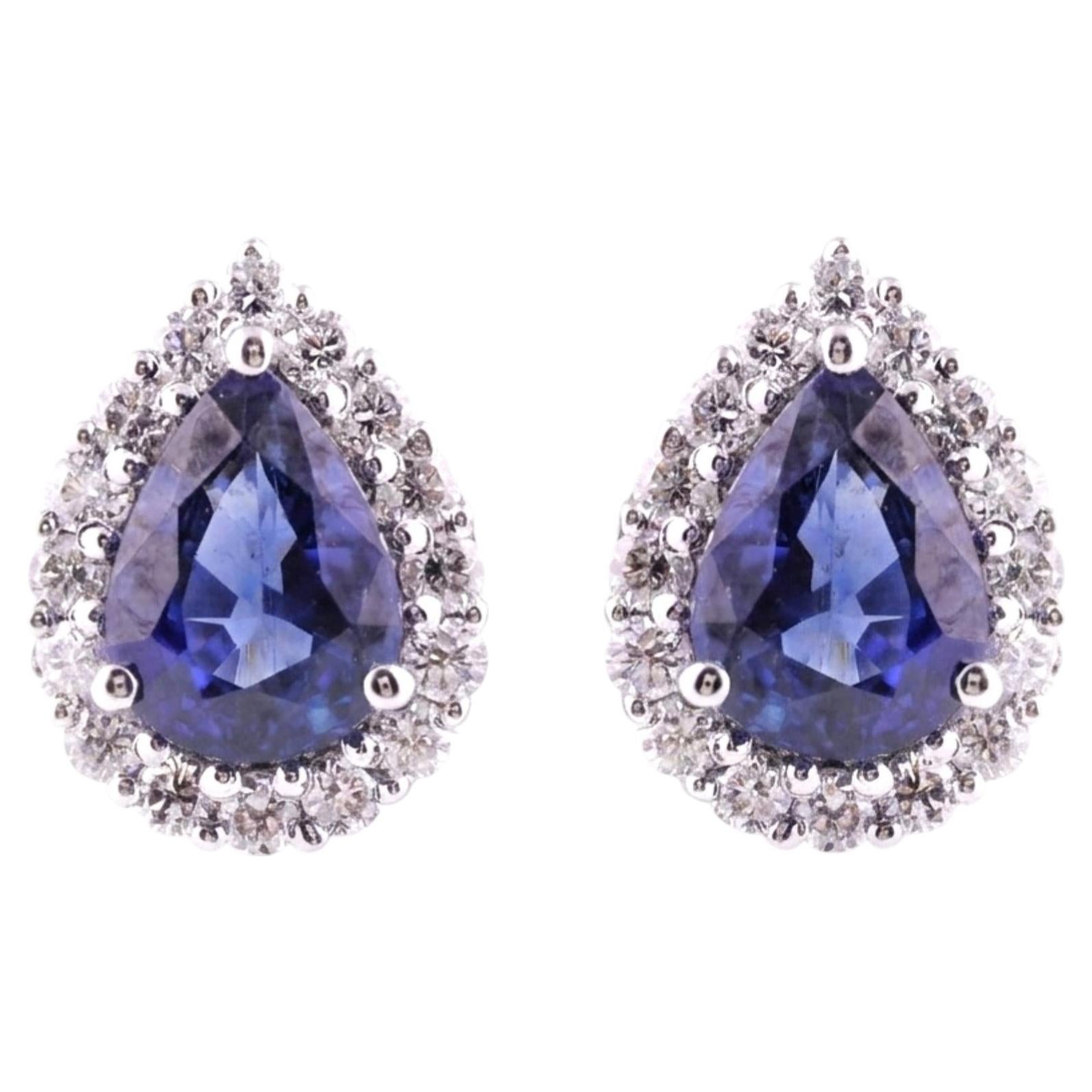 2.1 CTW Certified Blue Sapphire Diamond Halo Stud Earrings 18 Karat White Gold