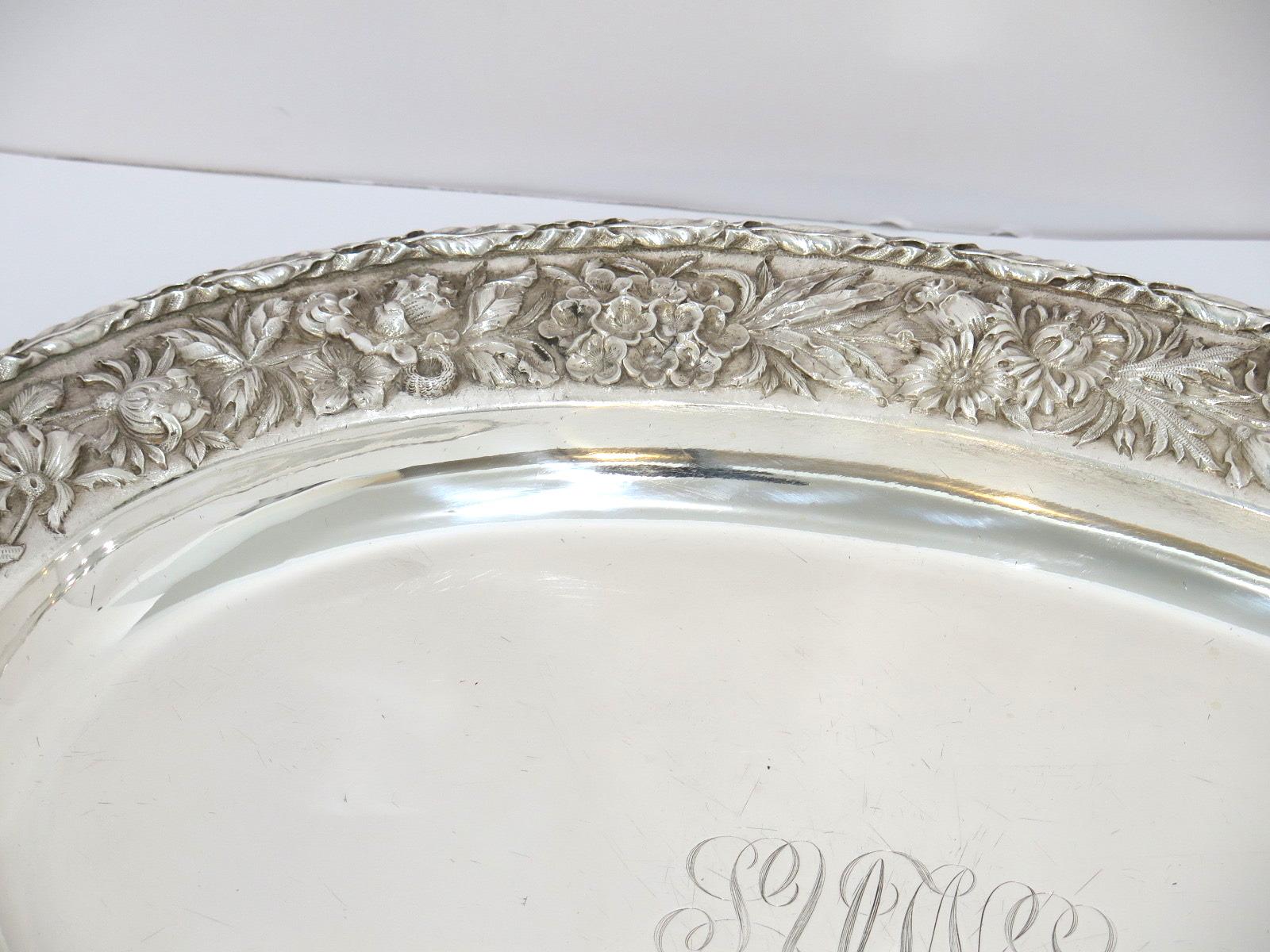 Repoussé Sterling Silver S. Kirk & Son Antique Floral Repousse Oval Platter For Sale