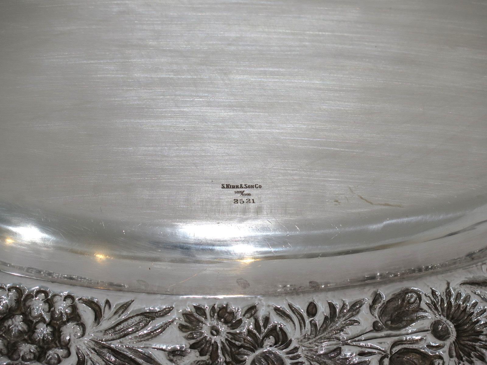 Sterling Silver S. Kirk & Son Antique Floral Repousse Oval Platter In Good Condition For Sale In Brooklyn, NY