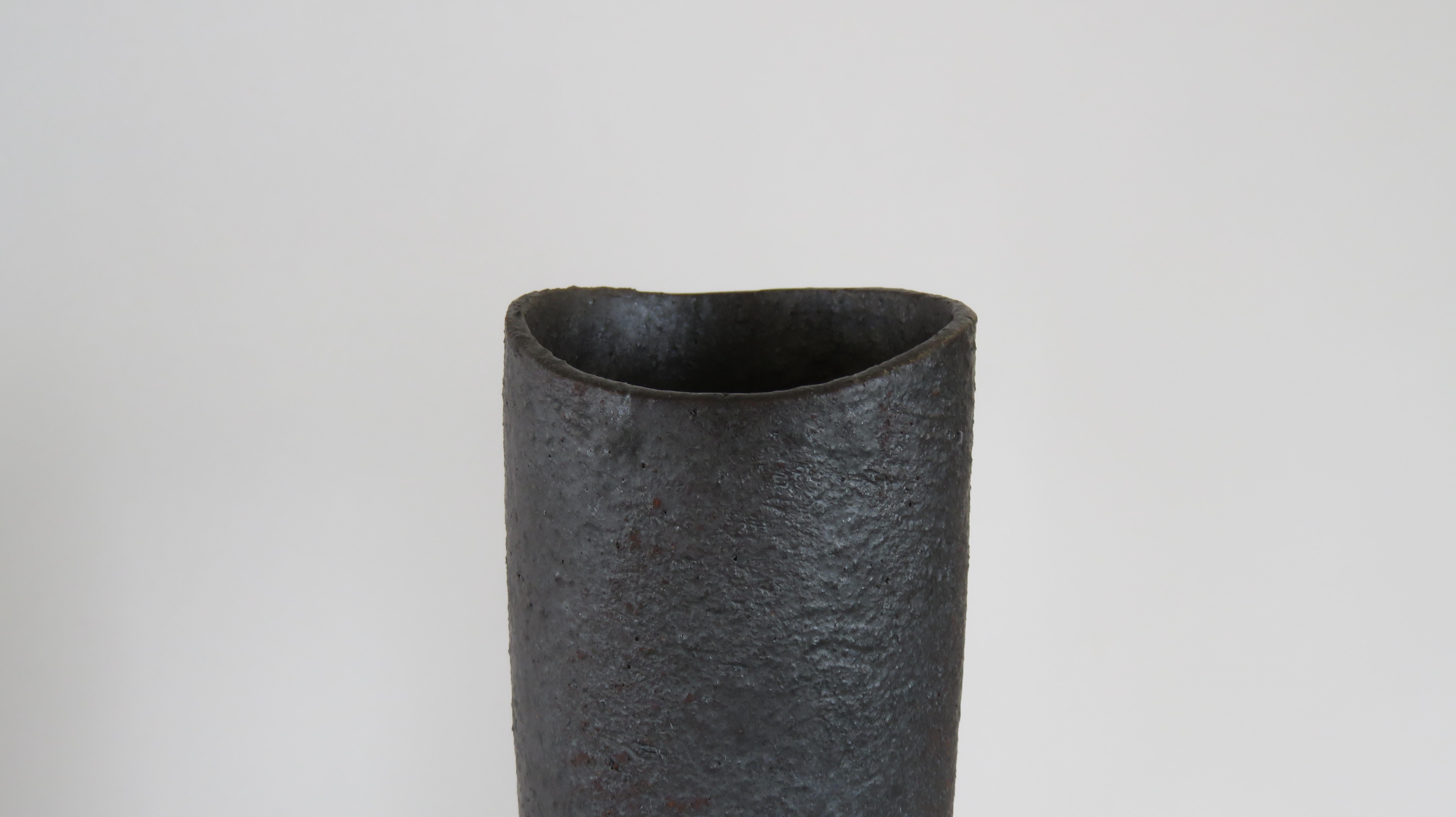 Hand-Crafted Tall, Tubular Metallic Black Ceramic Stoneware Vase, 21 1/8 Inches, Hand Built