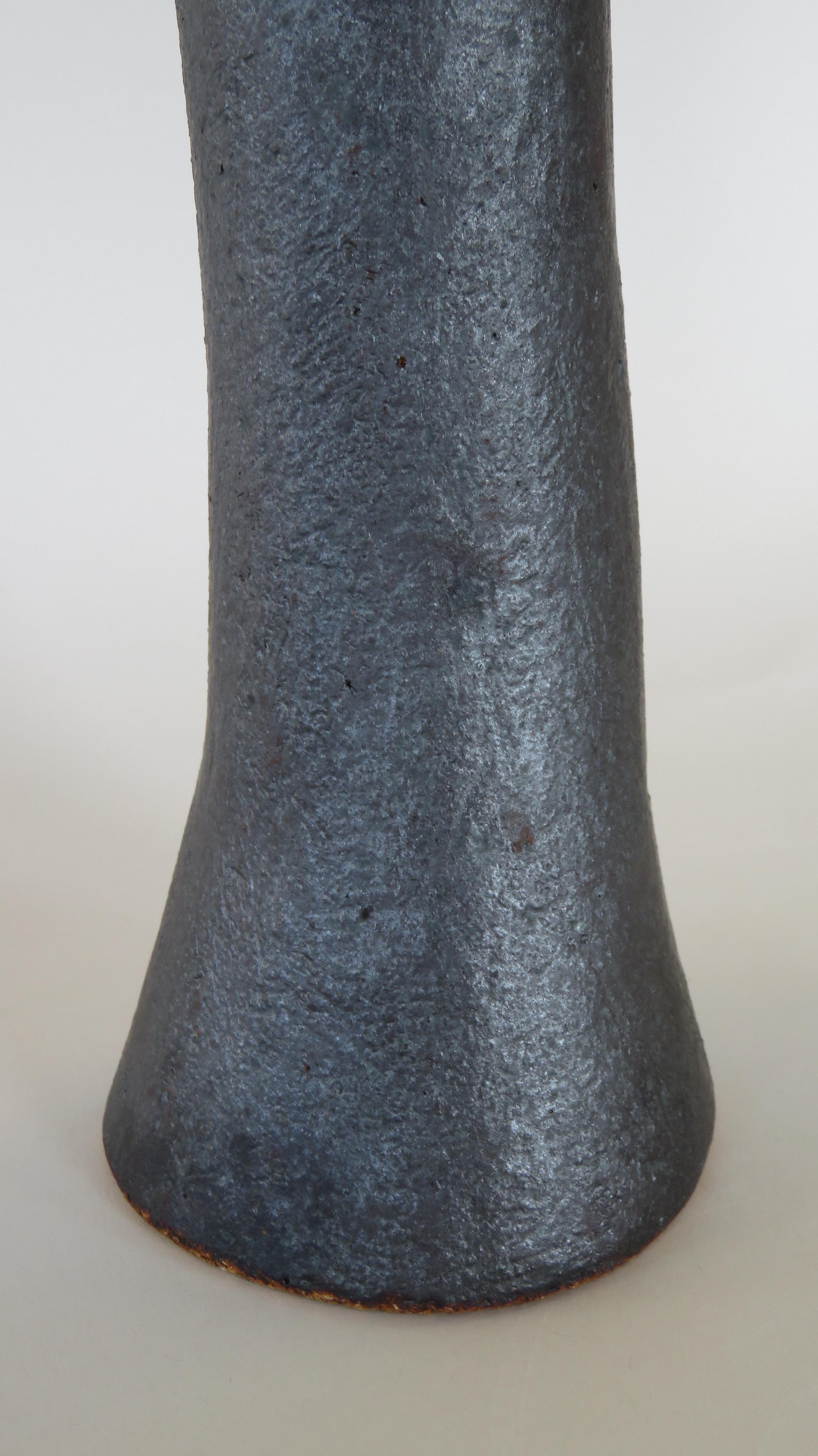 Contemporary Tall, Tubular Metallic Black Ceramic Stoneware Vase, 21 1/8 Inches, Hand Built