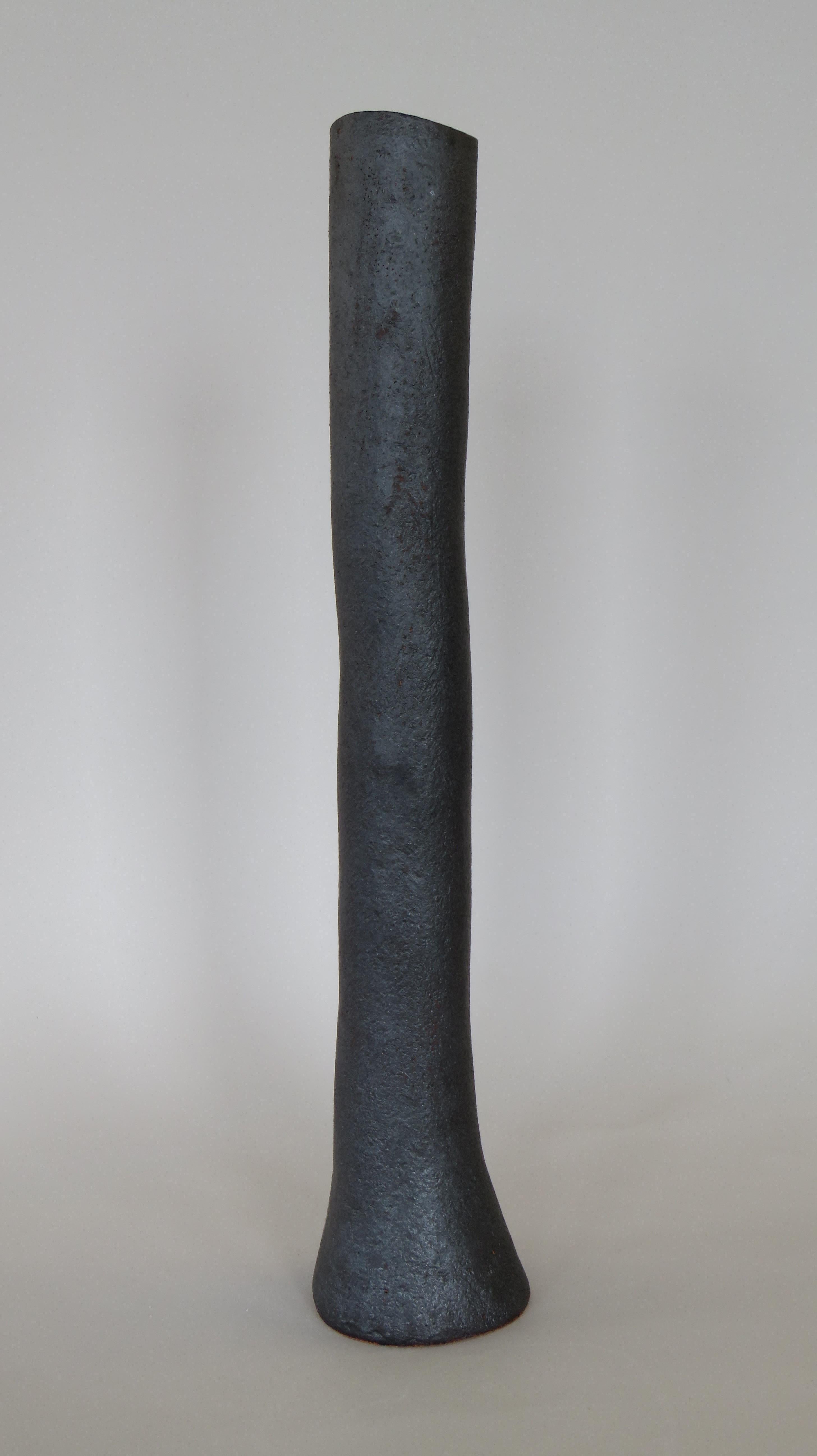 Organic Modern Tall, Tubular Metallic Black Ceramic Stoneware Vase, 21 1/8 Inches, Hand Built