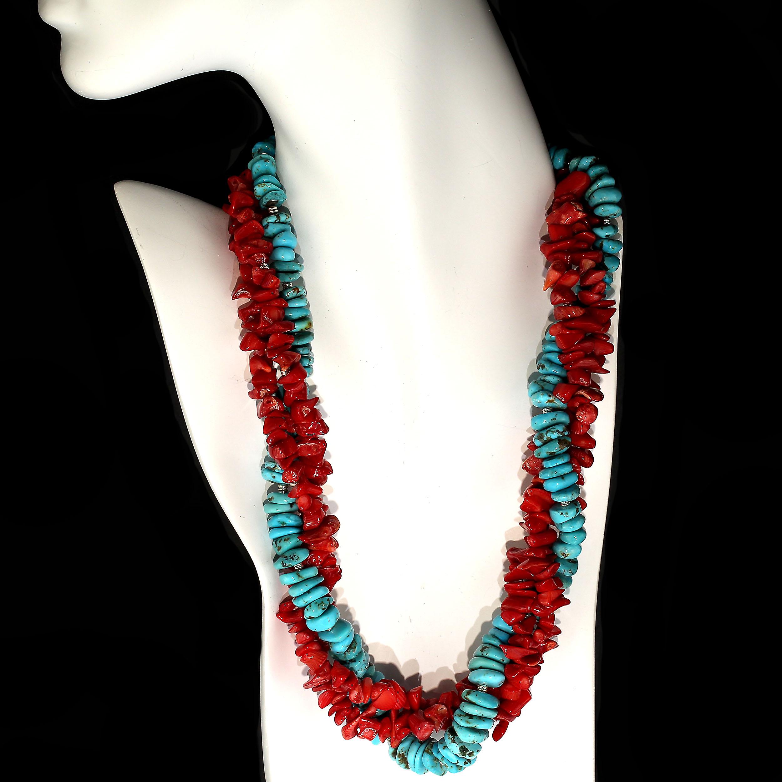 Artisan AJD Triple Strand Necklace of Southwest Style Red Coral and Hubei Turquoise For Sale