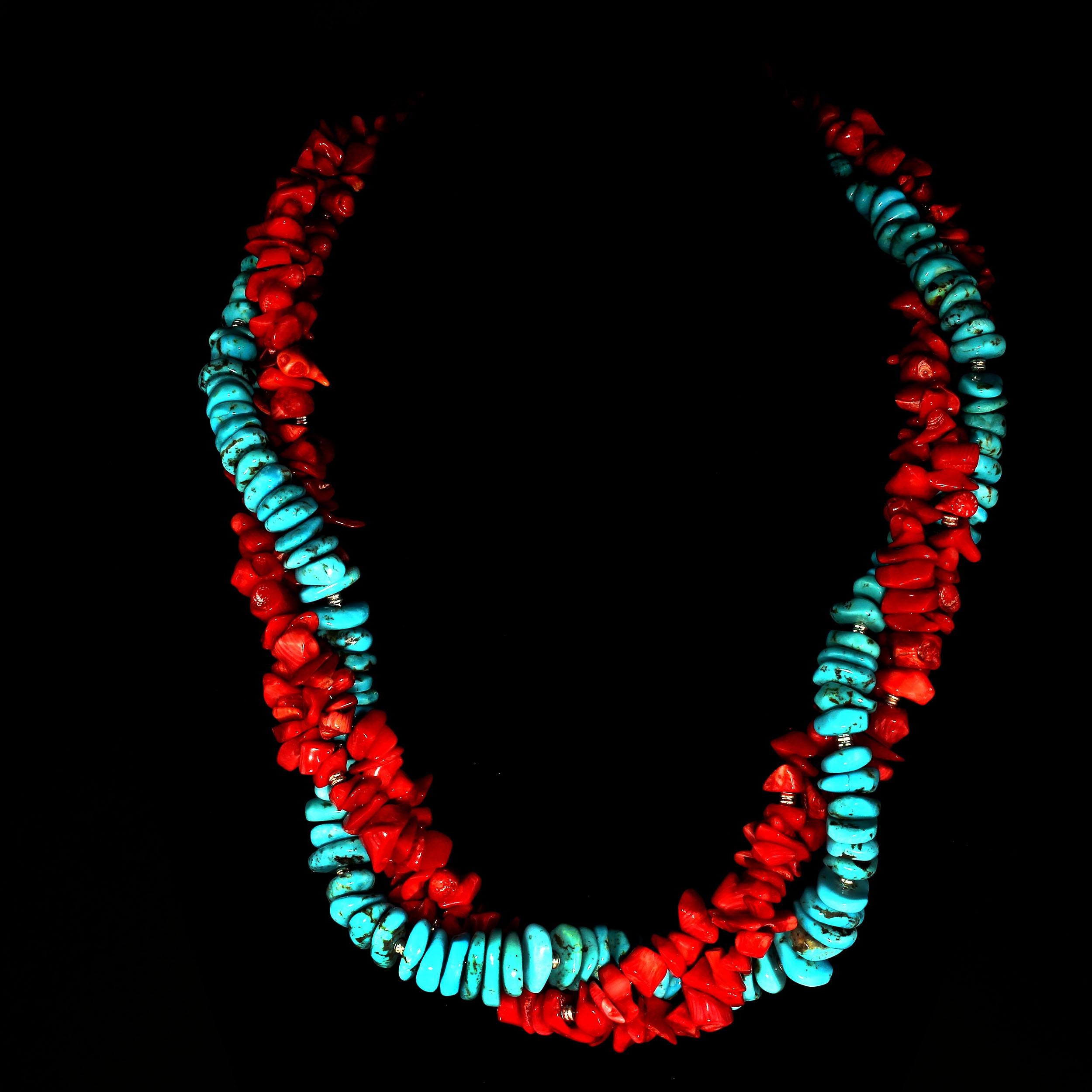 Bead AJD Triple Strand Necklace of Southwest Style Red Coral and Hubei Turquoise For Sale