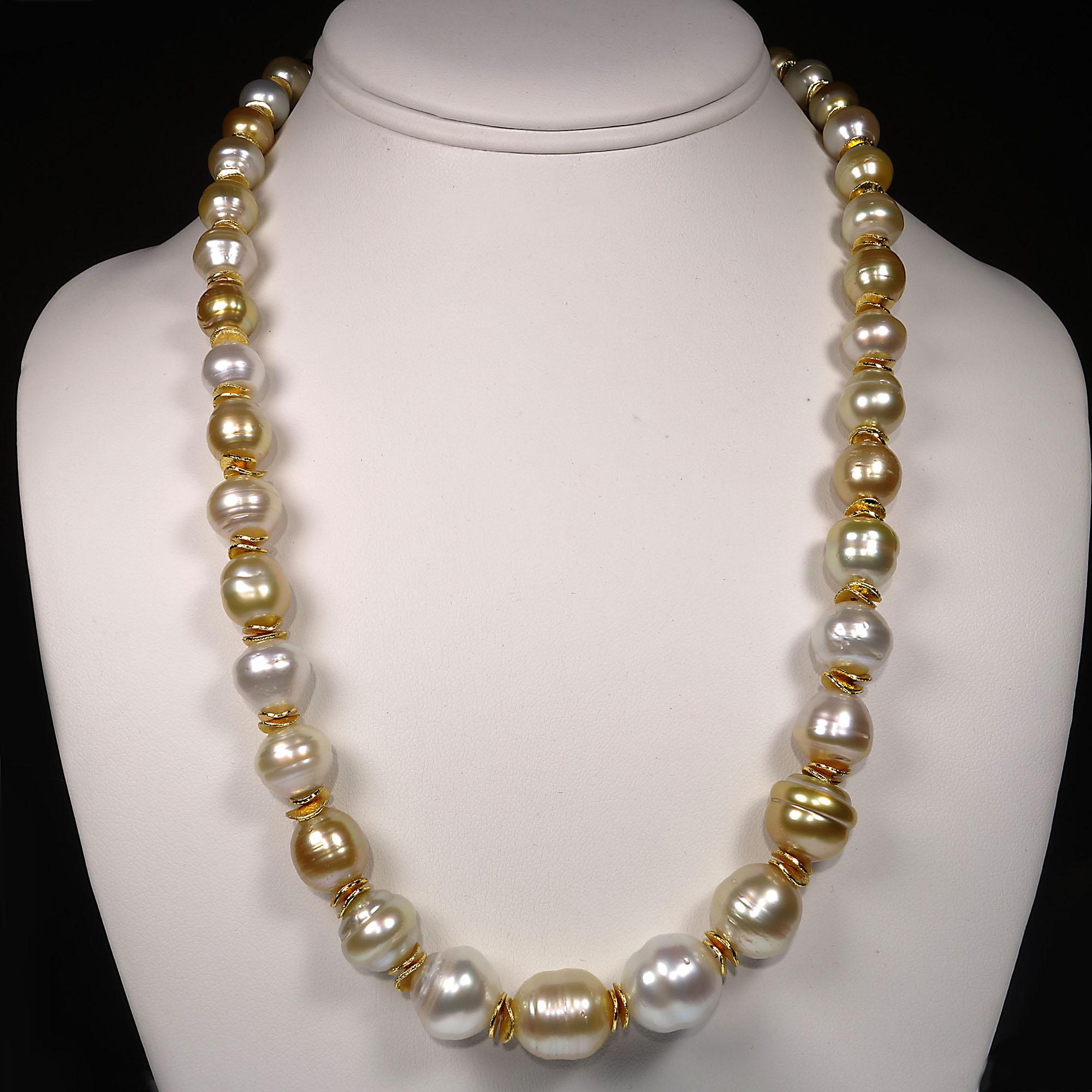 Women's or Men's White and Gold Baroque Pearls with Gold Accents Necklace